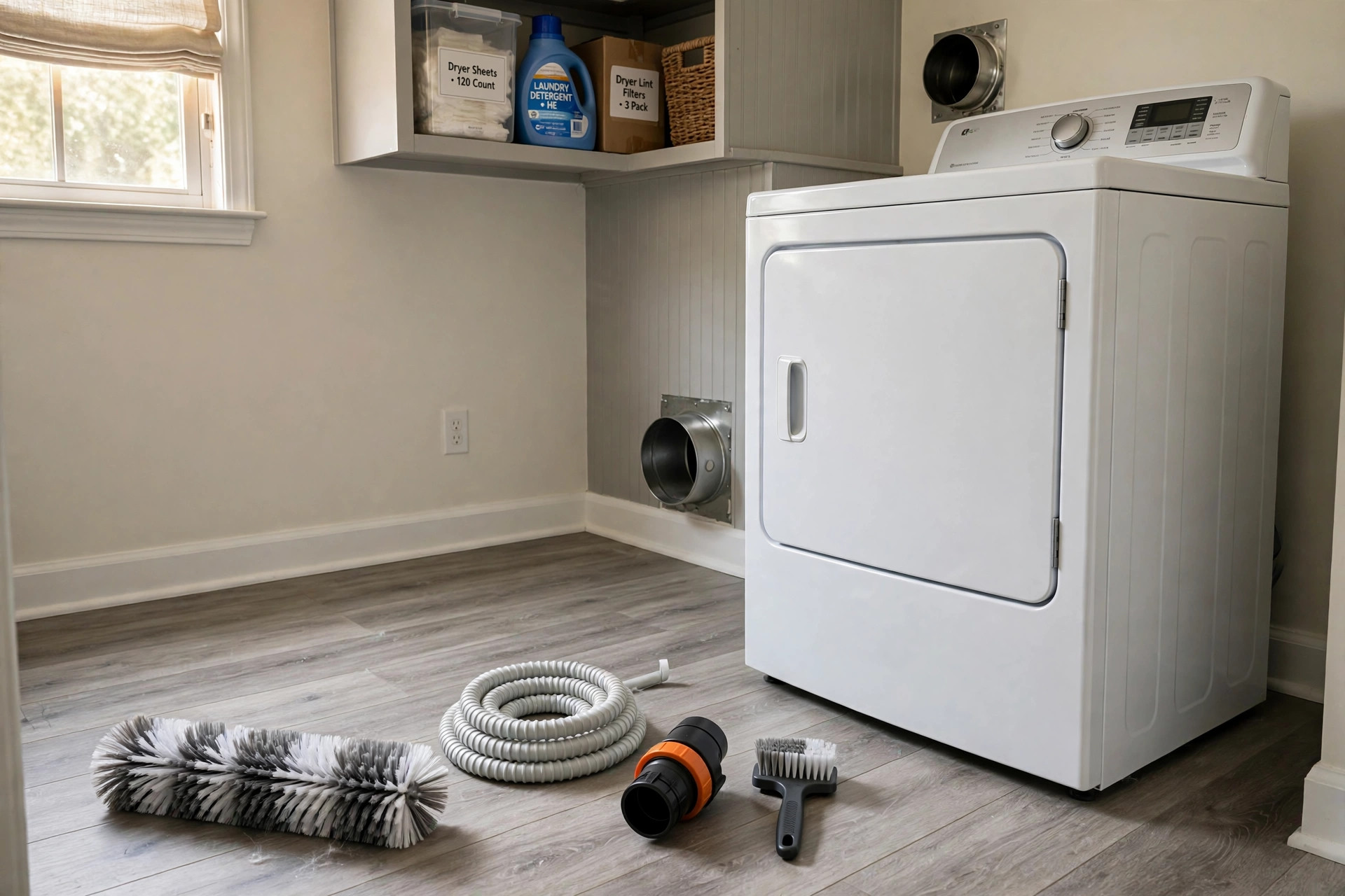buy dryer vent cleaning kits online in arizona — brush kit laid out on a laundry room floor