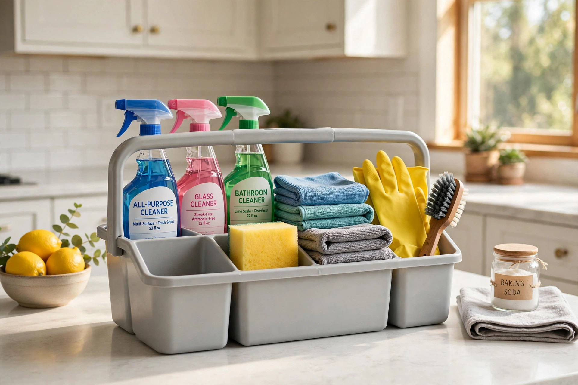 buy all purpose cleaning caddies online in texas: All purpose cleaning caddies arranged neatly on a kitchen counter in a Texas home