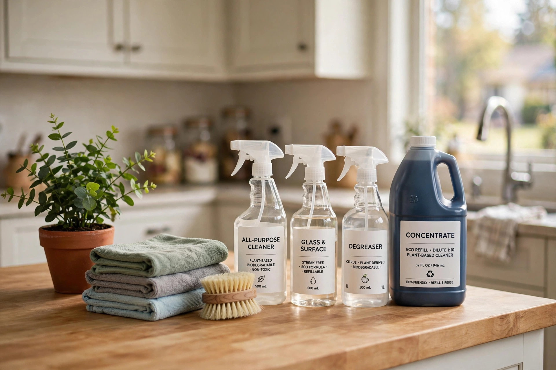 professional grade eco friendly cleaning supplies buying guide: Professional grade eco friendly cleaning supplies arranged on a kitchen counter