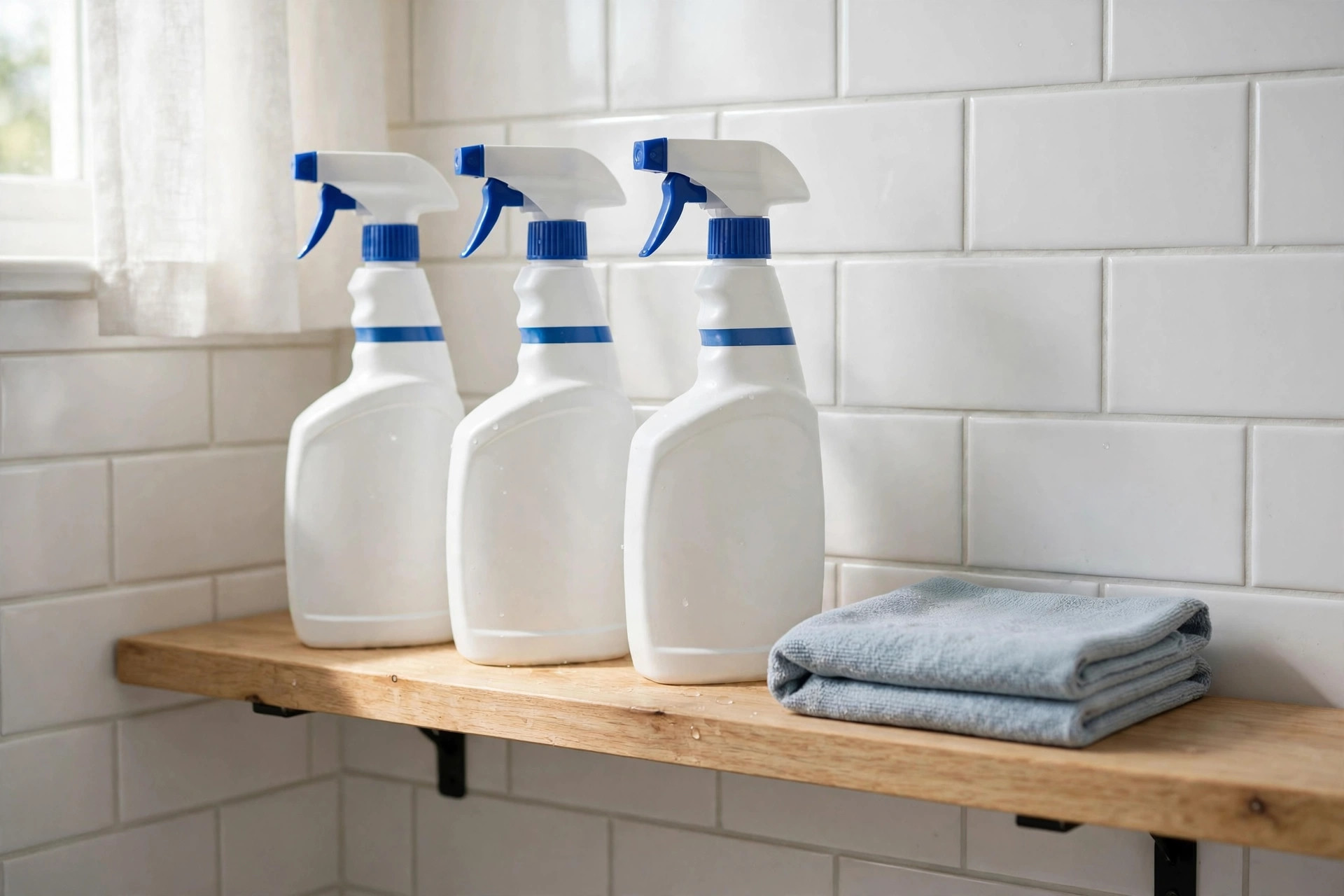 Buy mold removal sprays online in Texas: spray bottles on a clean bathroom shelf
