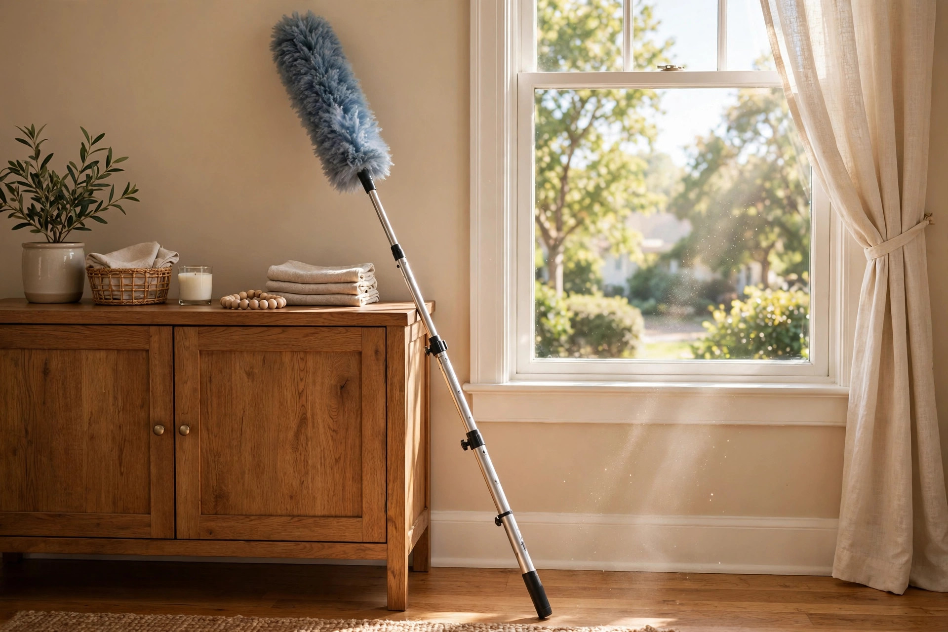 Top rated extendable duster sets for American homes shown beside a living room window