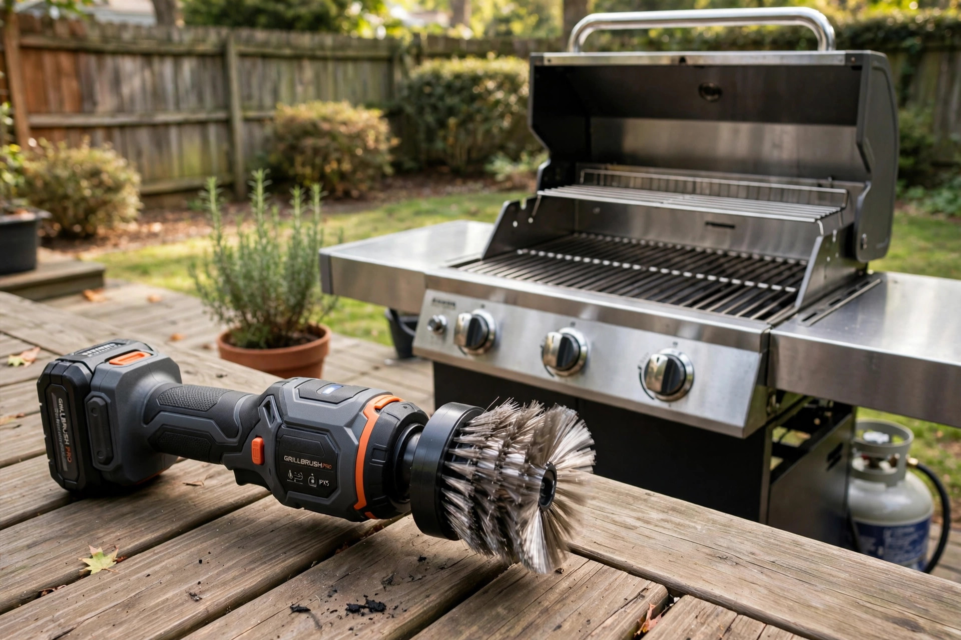 Cordless grill cleaning brushes for sale shown beside a clean grill grate