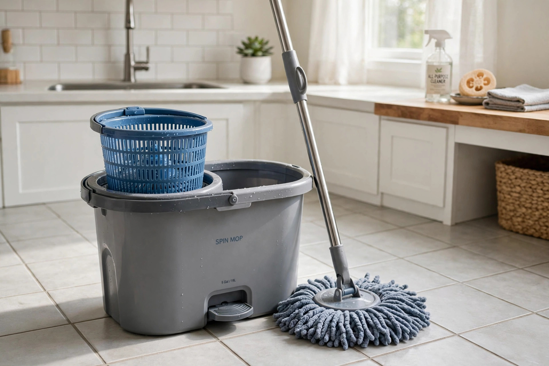 best spin mop bucket systems for usa homes: Spin mop bucket system in an American home kitchen