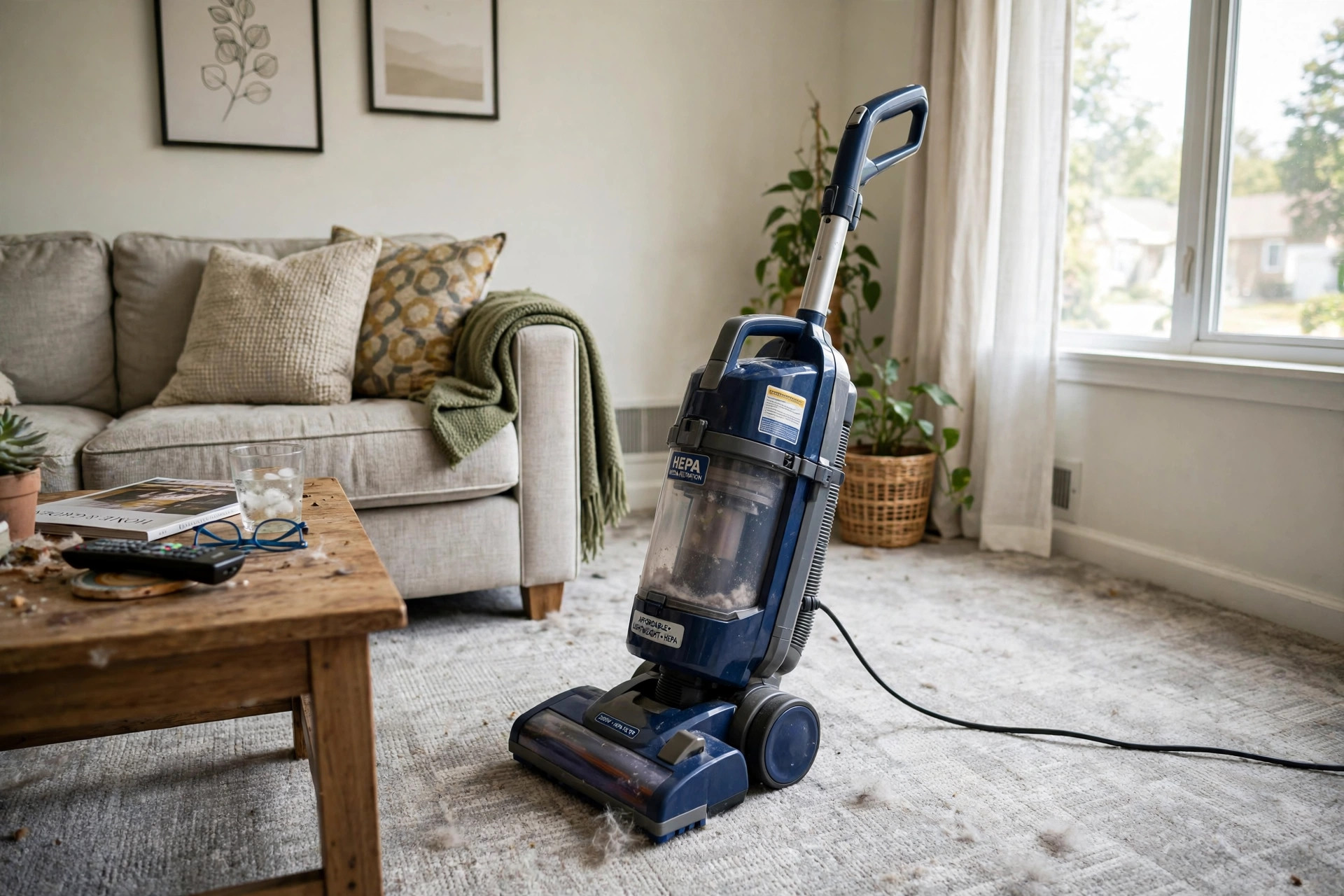 affordable hepa vacuum cleaners buying guide: Affordable HEPA vacuum cleaner cleaning a living room carpet in a real American home