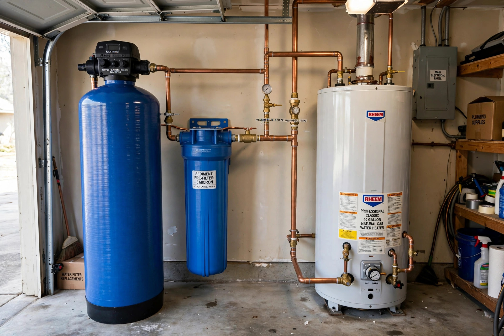 buy whole house water filters online in california: Whole house water filter installed in a garage for clean water in a California home