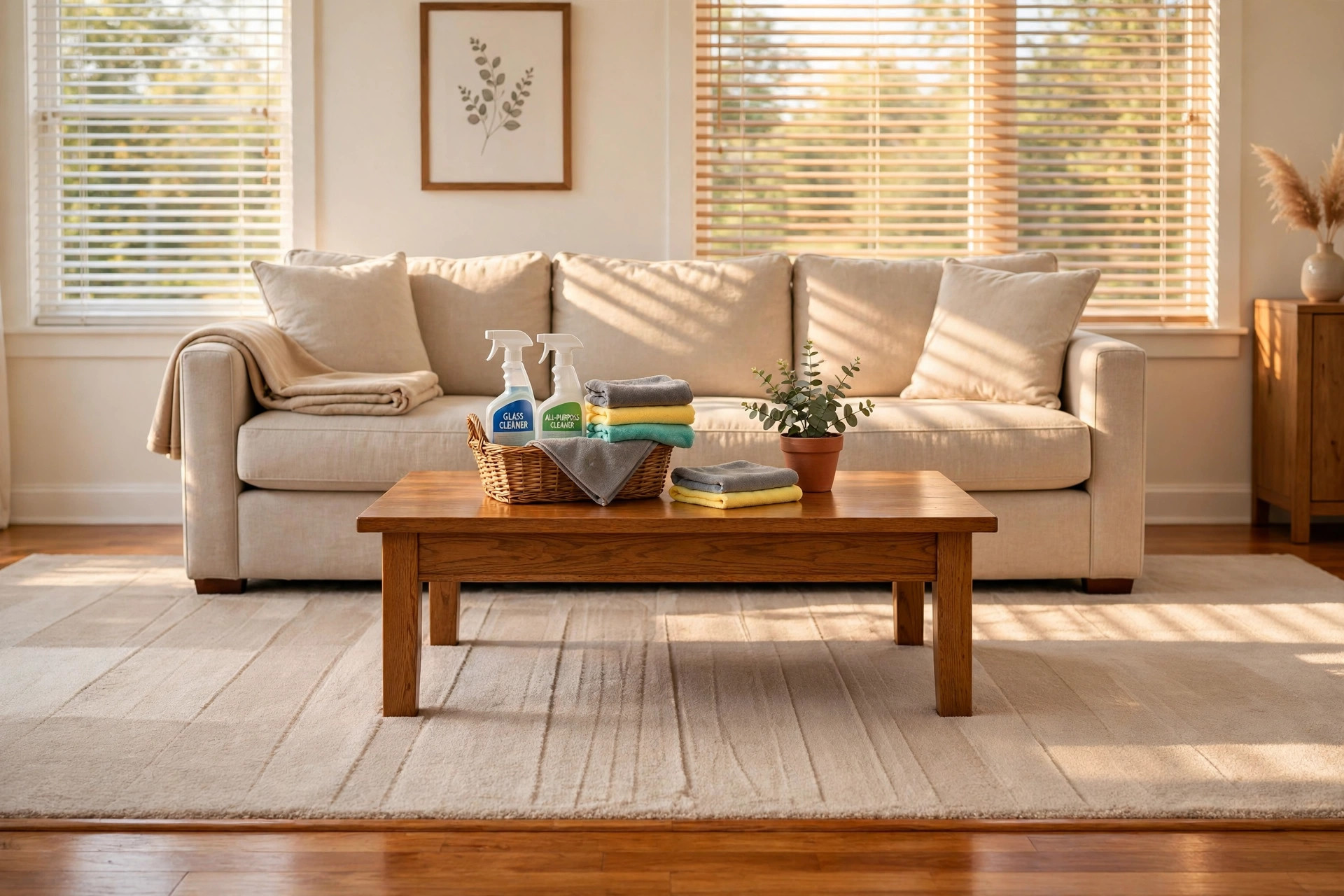A clean and tidy living room prepared by budget friendly professional house cleaning services for homeowners