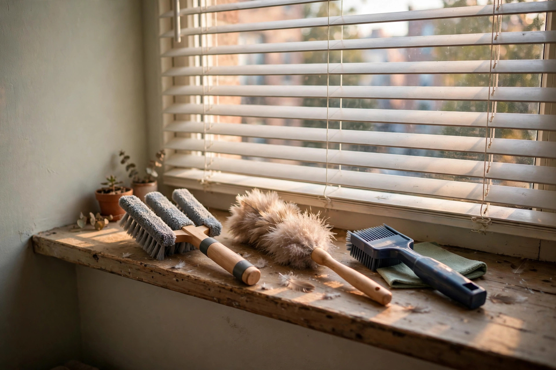 reliable blind cleaning tools for small apartments: Blind cleaning tools on a windowsill with Venetian blinds in a small apartment