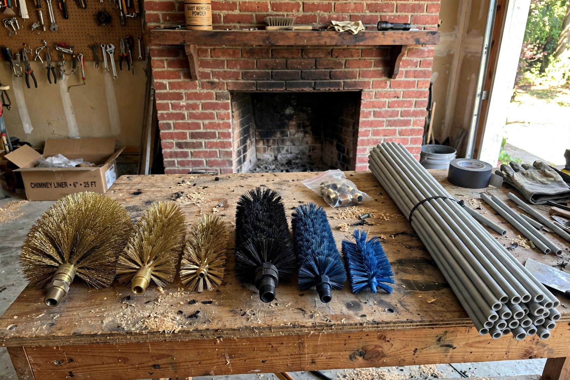 chimney cleaning brushes price comparison usa: A set of chimney cleaning brushes laid out on a workbench next to rods