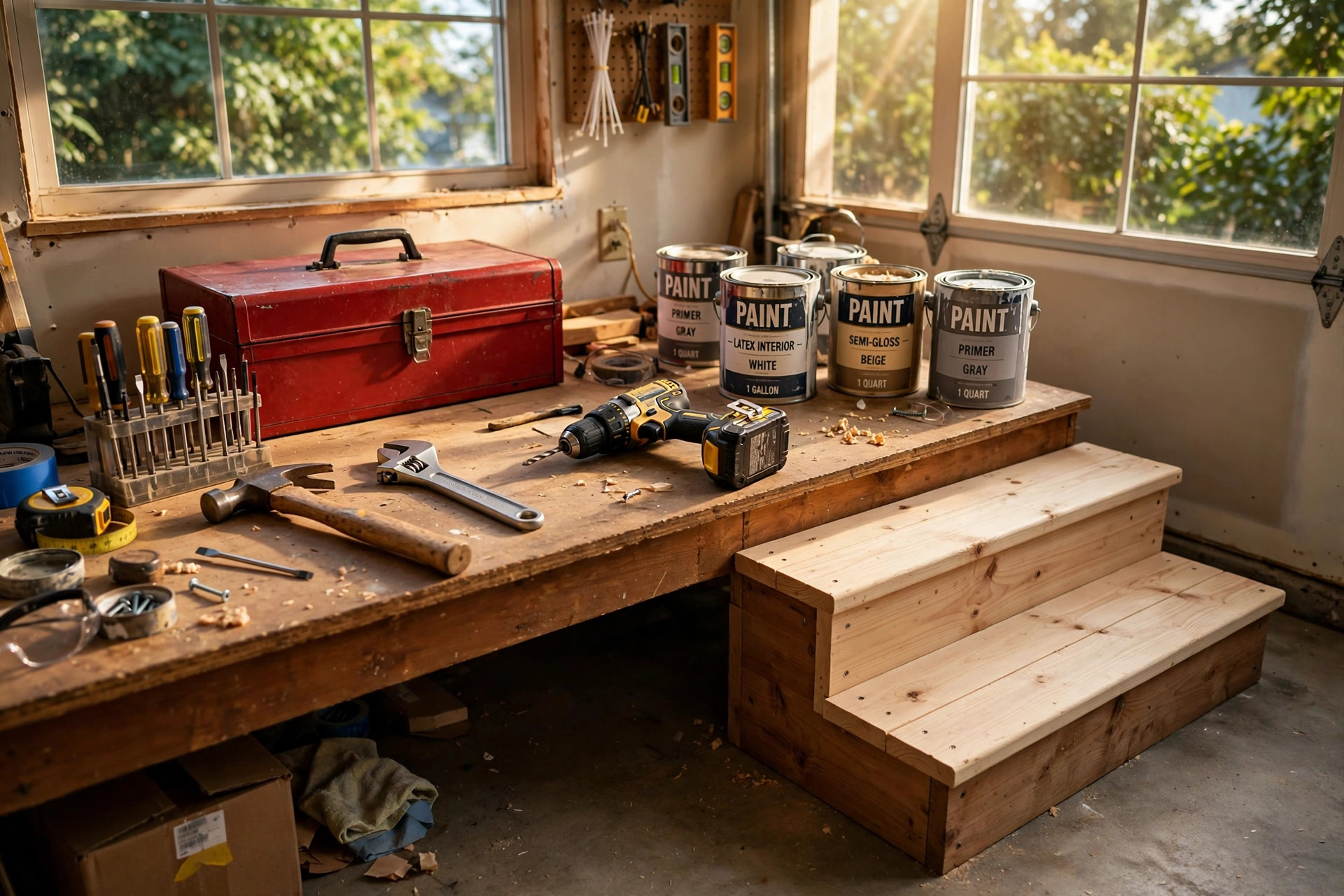 reliable handyman services for homeowners in colorado: A tidy workbench with hand tools, a toolbox, and paint cans in a Colorado home garage