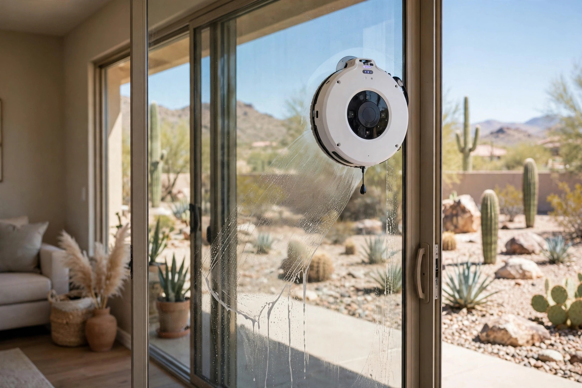buy window cleaning robots online in arizona: Window cleaning robot attached to a sliding glass door in an Arizona home