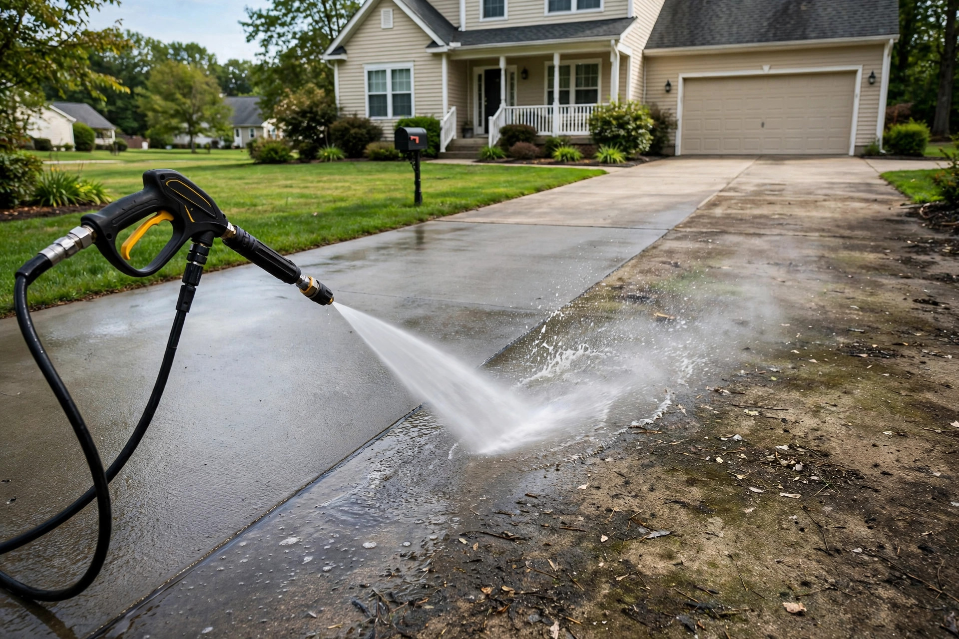 commercial grade pressure washing service companies for homeowners: Pressure washer cleaning a dirty home driveway with strong water spray
