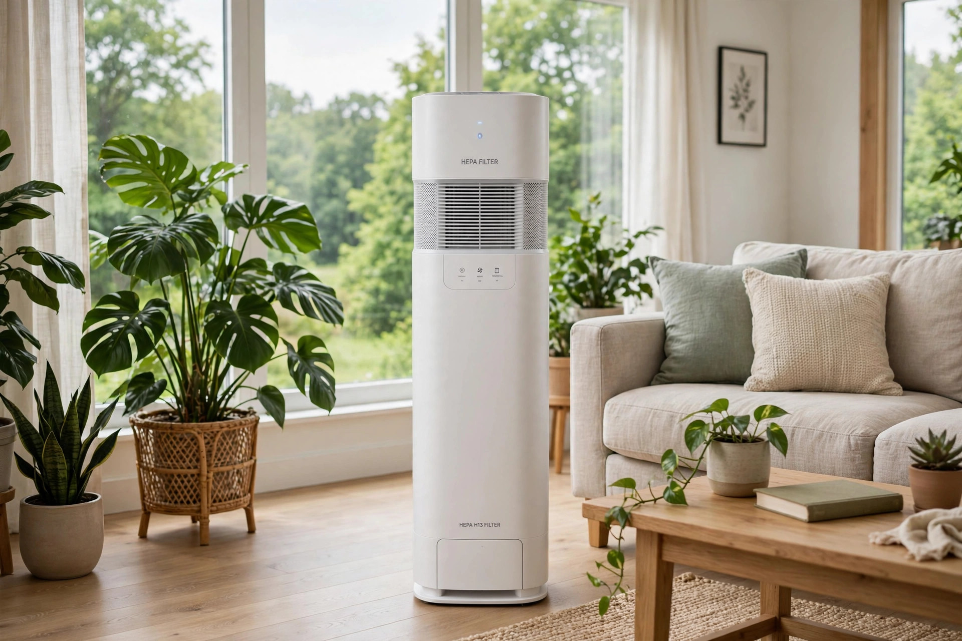 best air purifiers for allergies for humid climates: Air purifier with HEPA filter running in a bright American living room during a humid summer