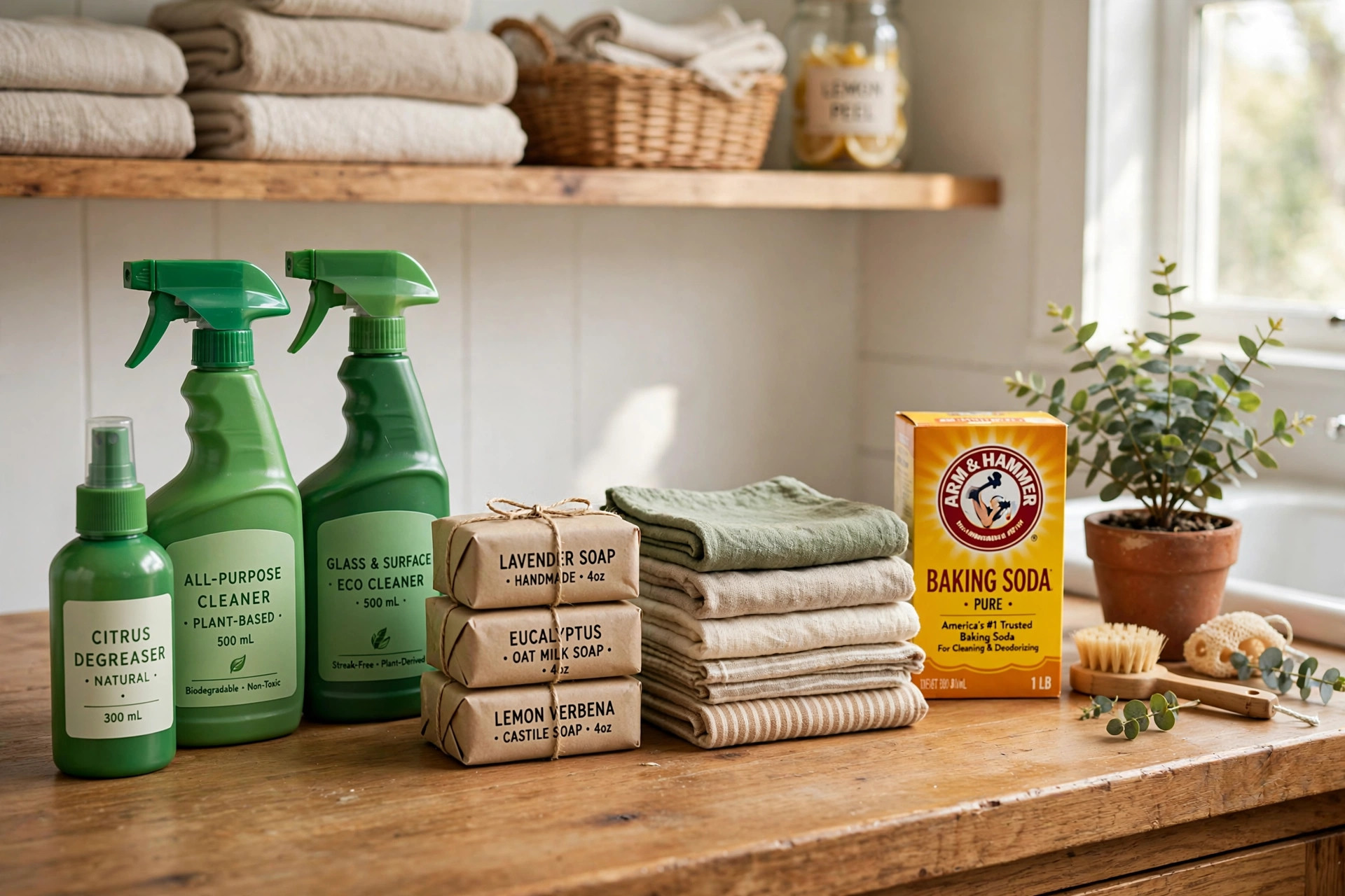 Top rated eco friendly cleaning supplies for sale arranged on a laundry counter
