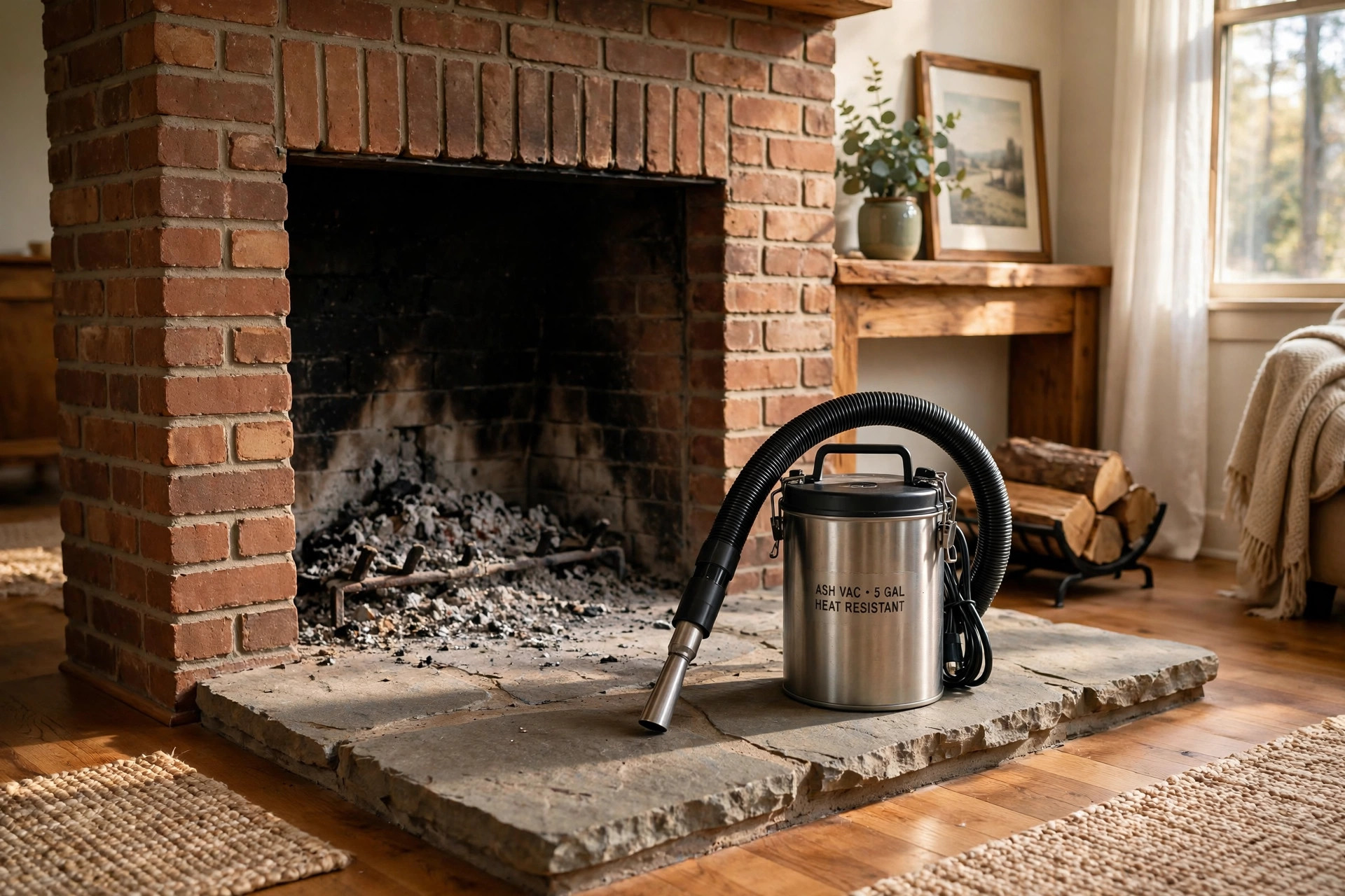 eco friendly fireplace ash vacuums for sale: An eco friendly fireplace ash vacuum beside a clean brick fireplace