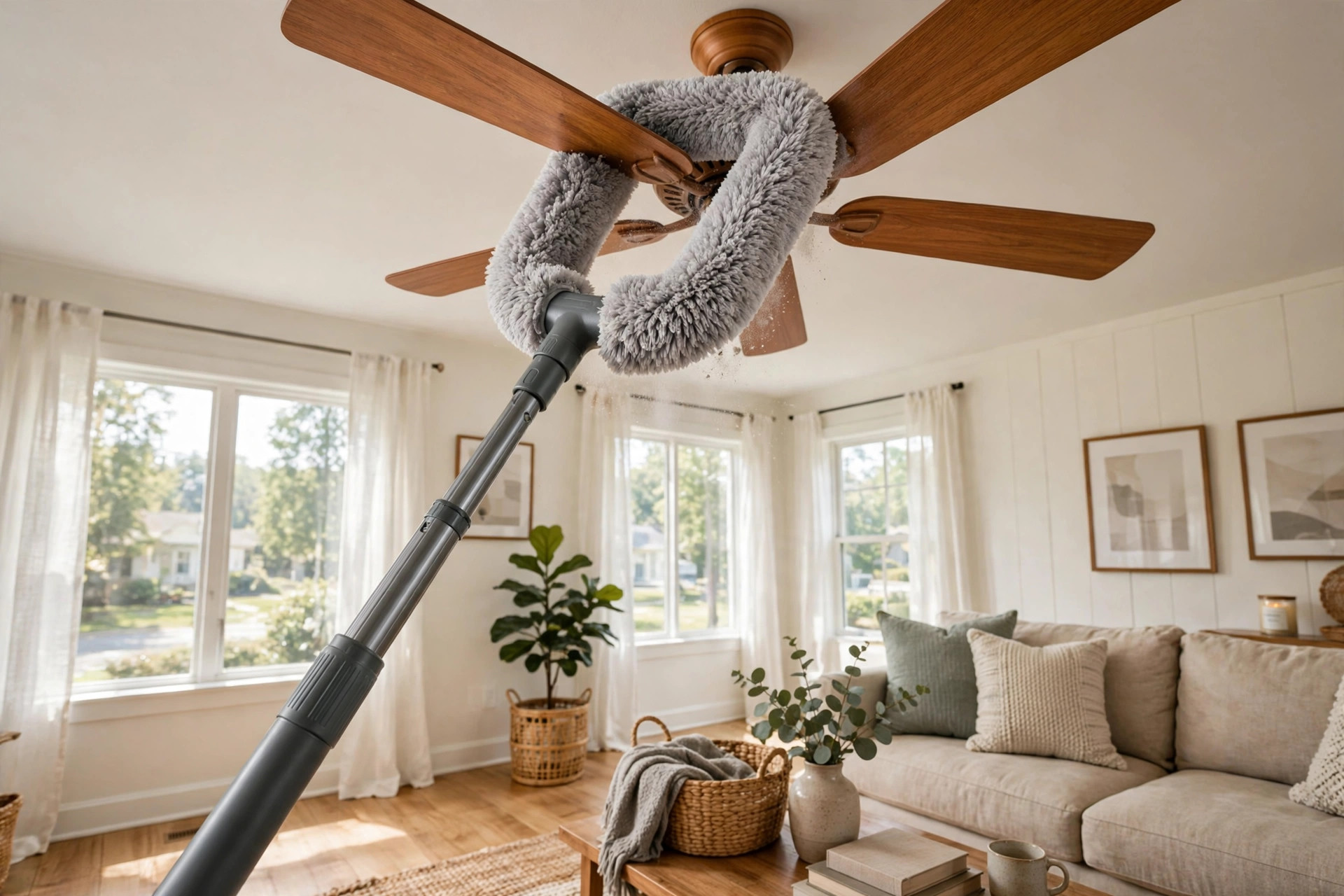 cordless ceiling fan dusters for usa homes: Cordless ceiling fan duster cleaning a fan blade in an American living room