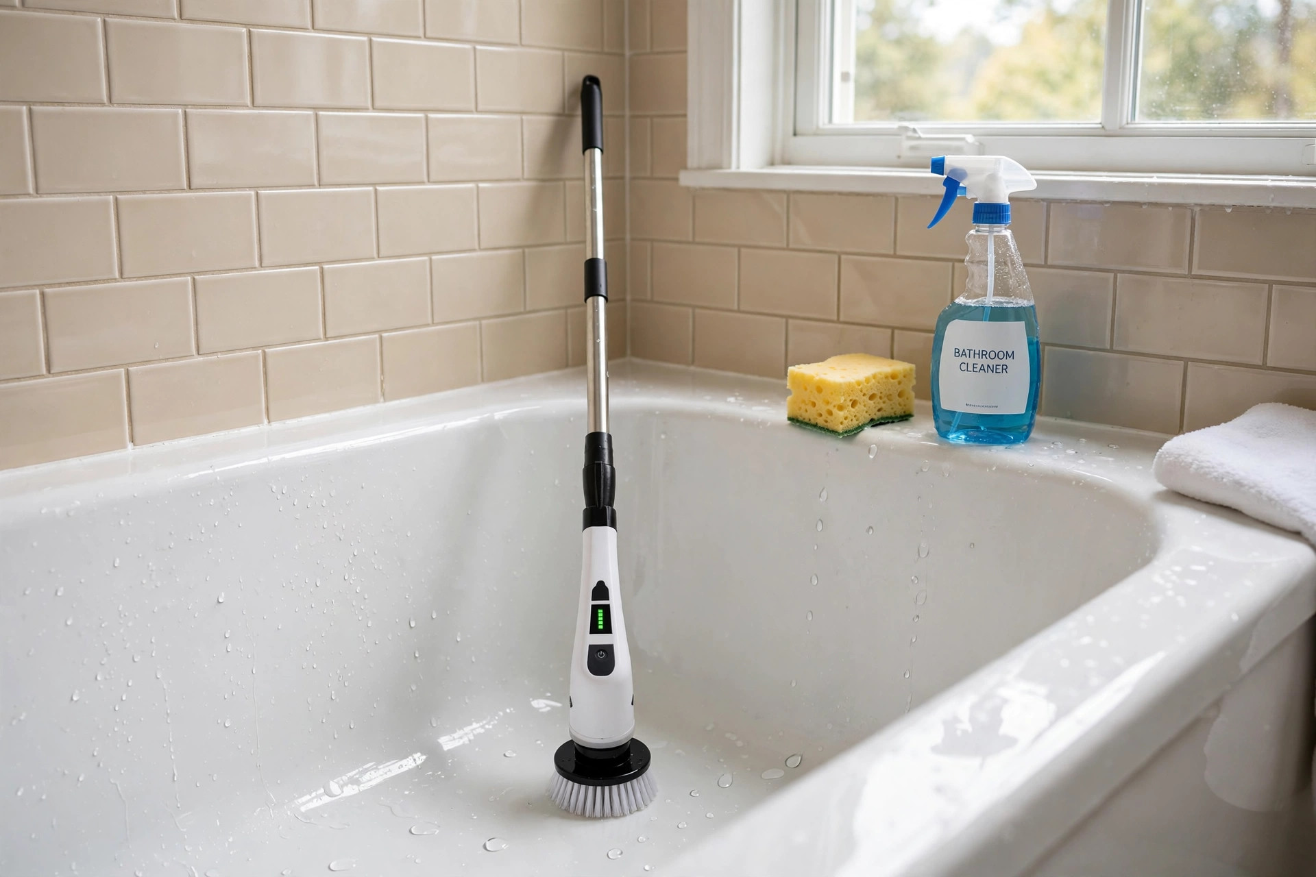 top rated cordless electric scrubbers for texas homes: Cordless electric scrubber cleaning a bathtub in a Texas home