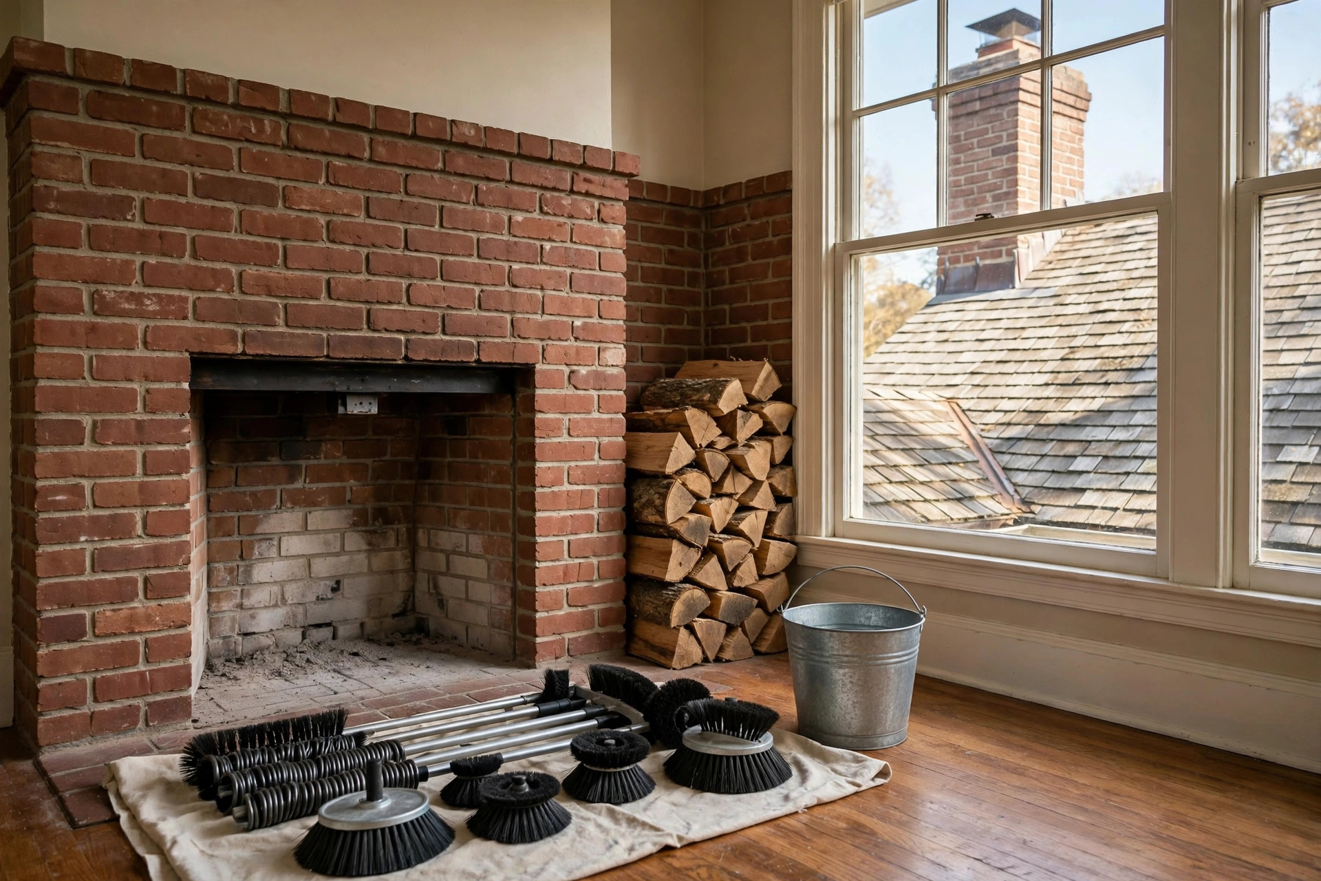 A clean brick fireplace and swept chimney with tools, top rated chimney sweep services for homeowners