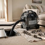 Professional cleaning equipment beside an open air vent inside a home, top rated air duct cleaning services reviews