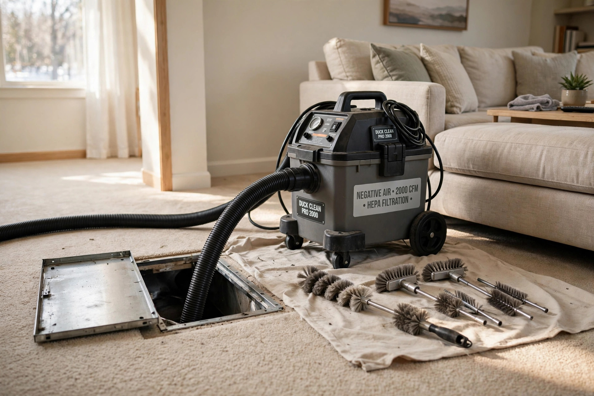 Professional cleaning equipment beside an open air vent inside a home, top rated air duct cleaning services reviews