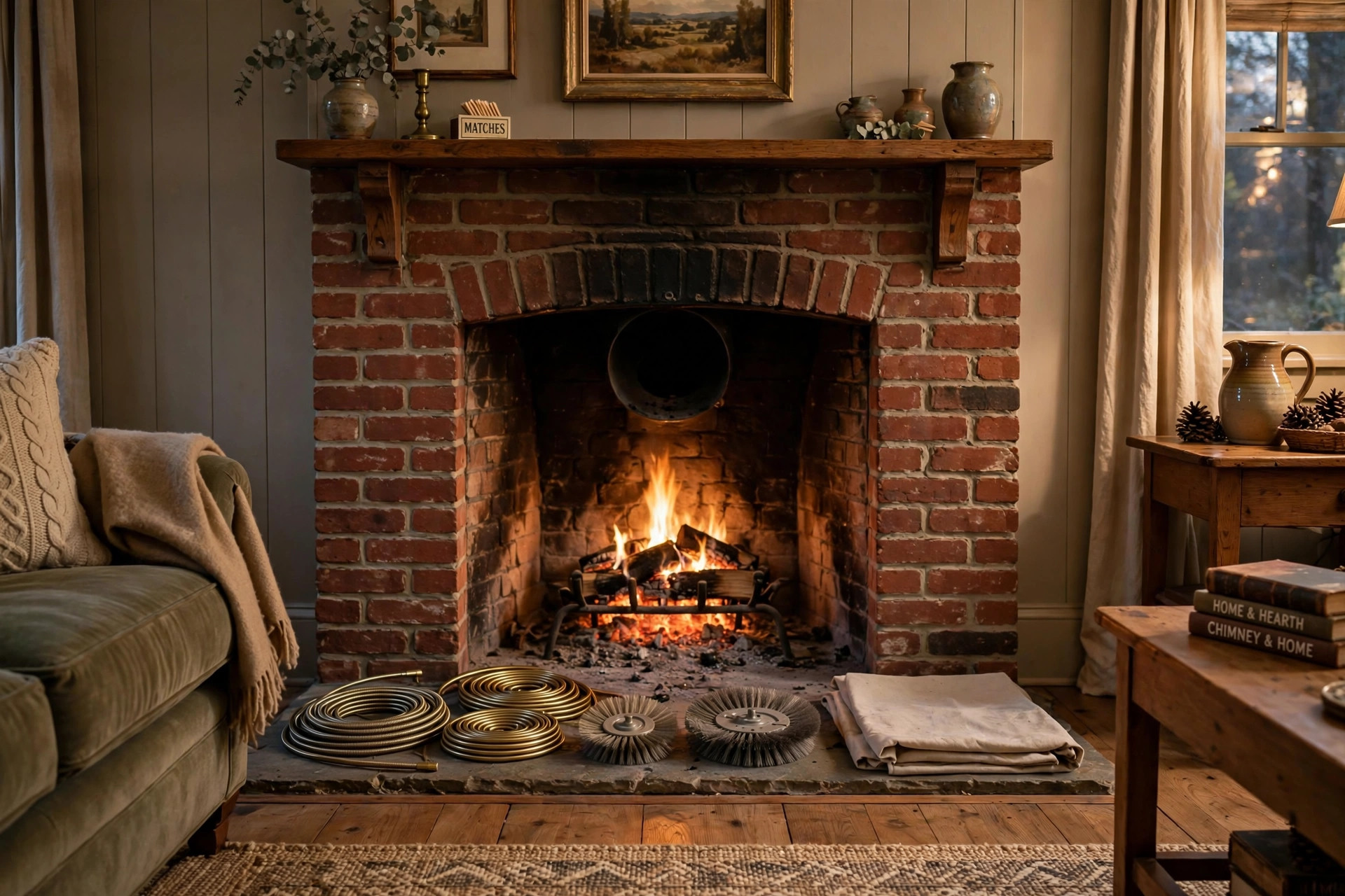 commercial grade chimney sweep services near me: Chimney sweep brushes and tools beside a brick fireplace hearth