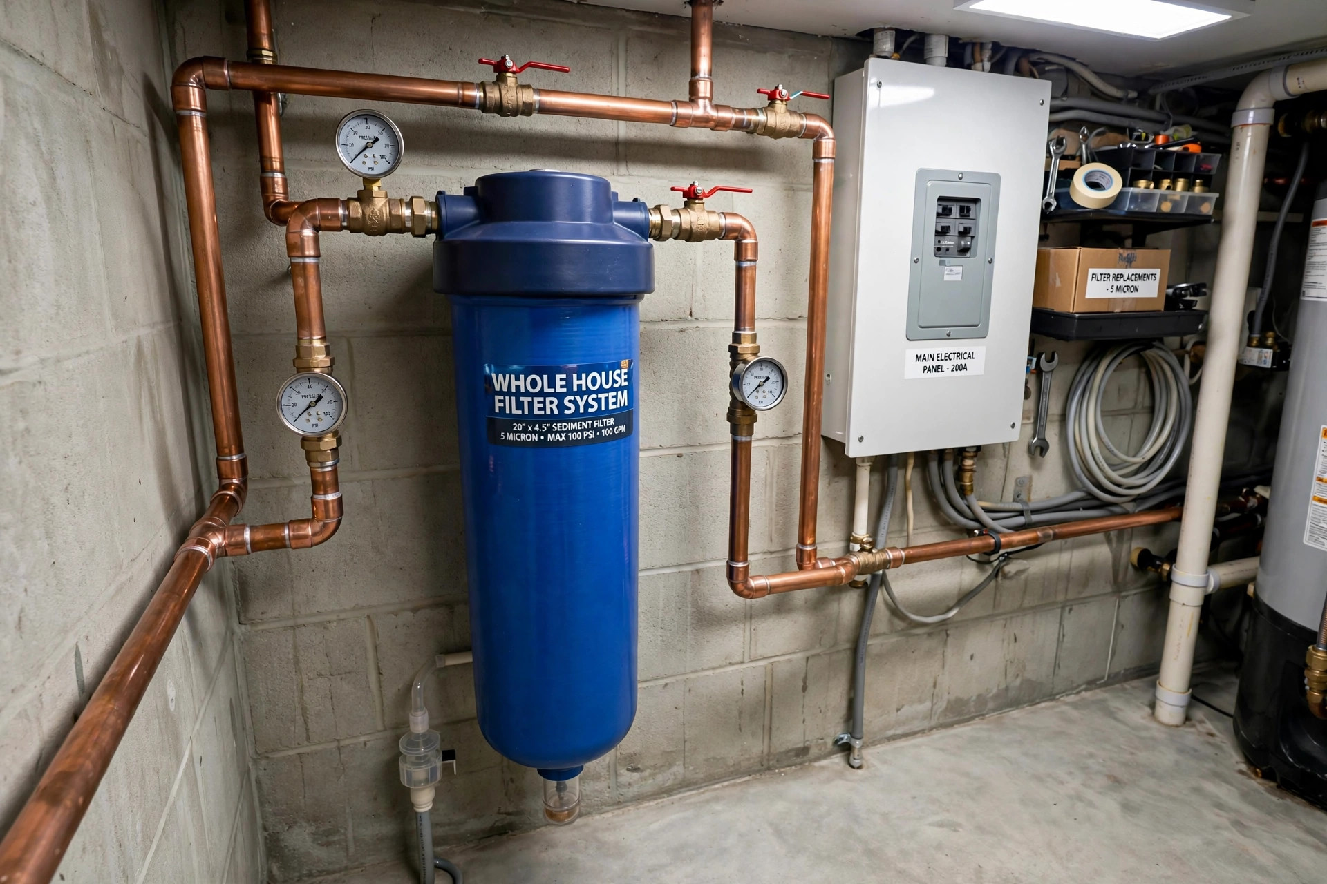reliable whole house water filters buying guide: Whole house water filter installed in a home utility area