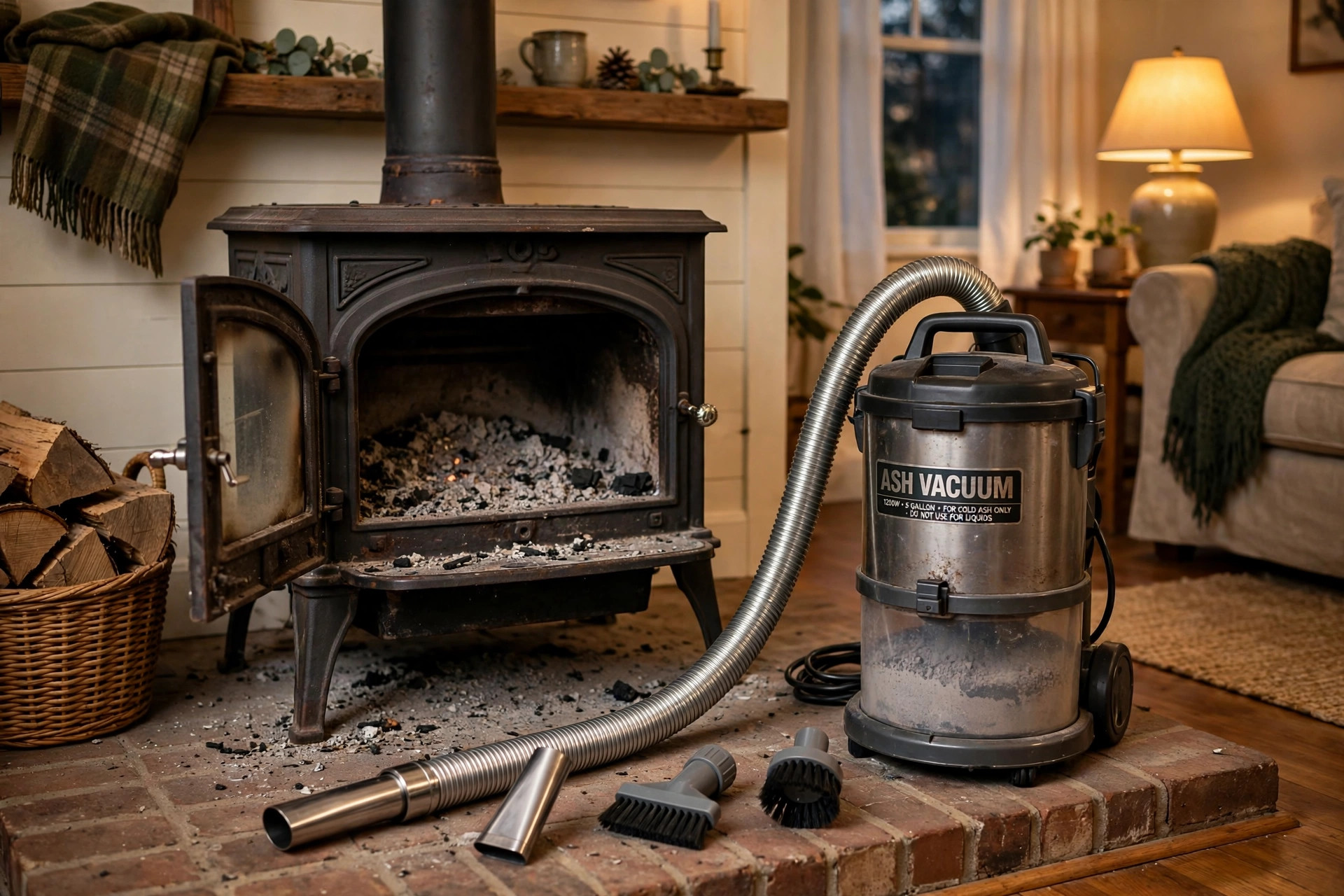 fireplace ash vacuums reviews and buying guide: A fireplace ash vacuum beside a wood stove in a living room