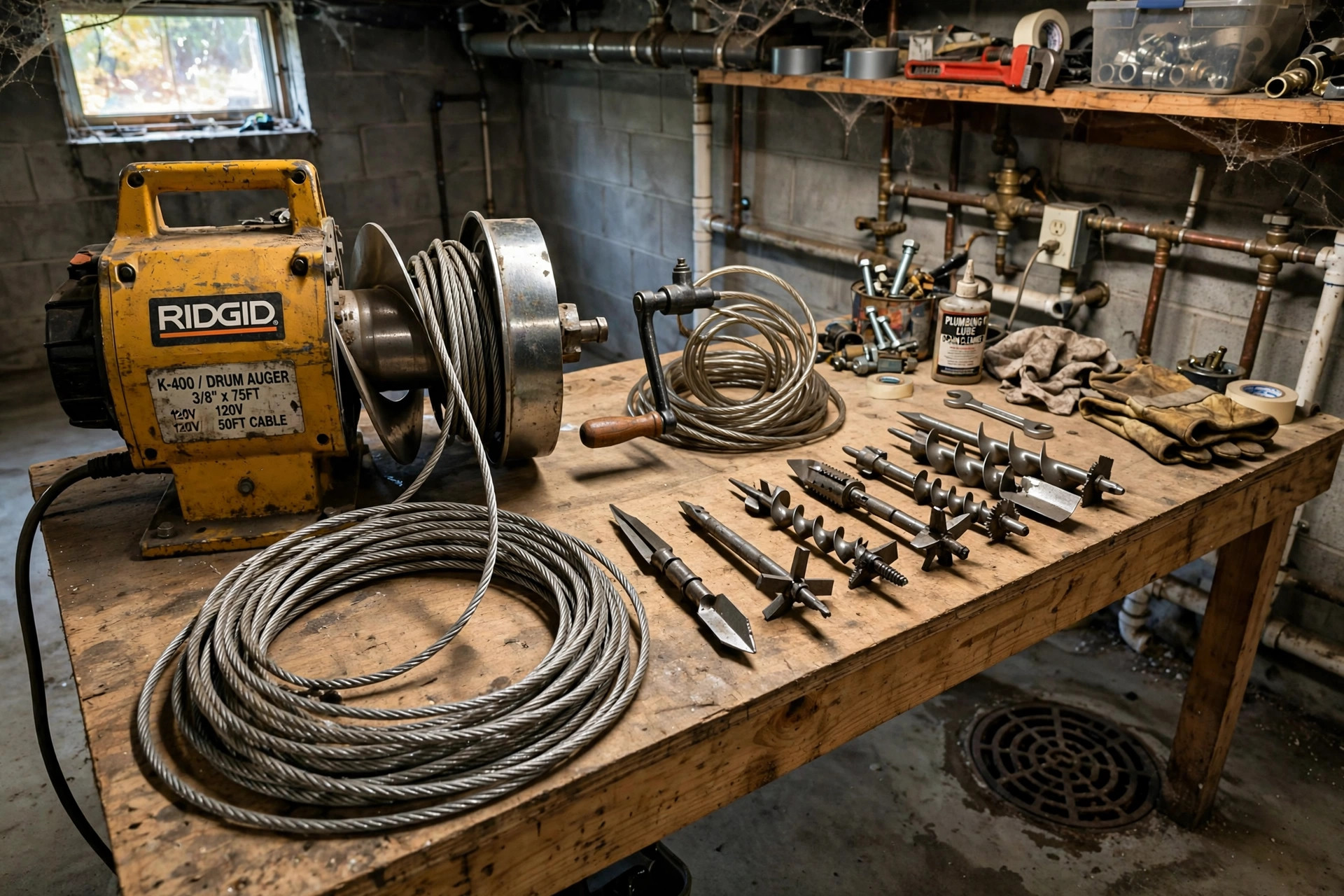 Commercial grade drain clog remover tools for sale shown in a home workshop setting