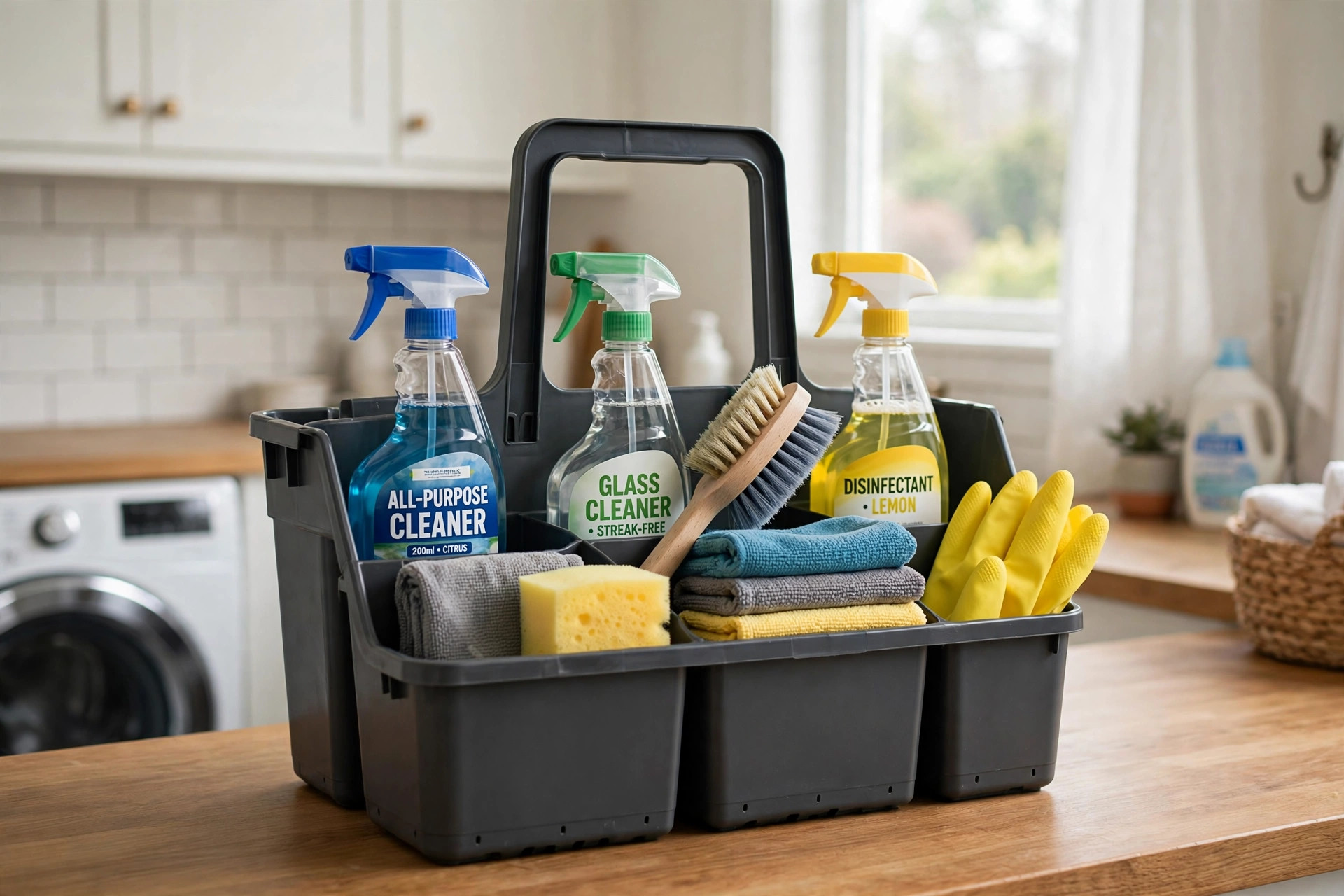 best all purpose cleaning caddies for usa homes organized on a laundry room shelf