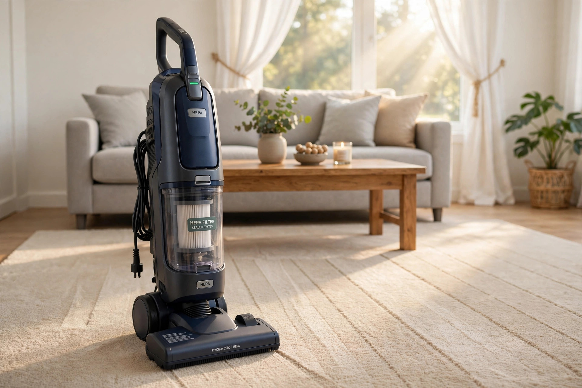 hepa vacuum cleaners reviews and buying guide: HEPA vacuum cleaner standing on a clean carpet in an American living room