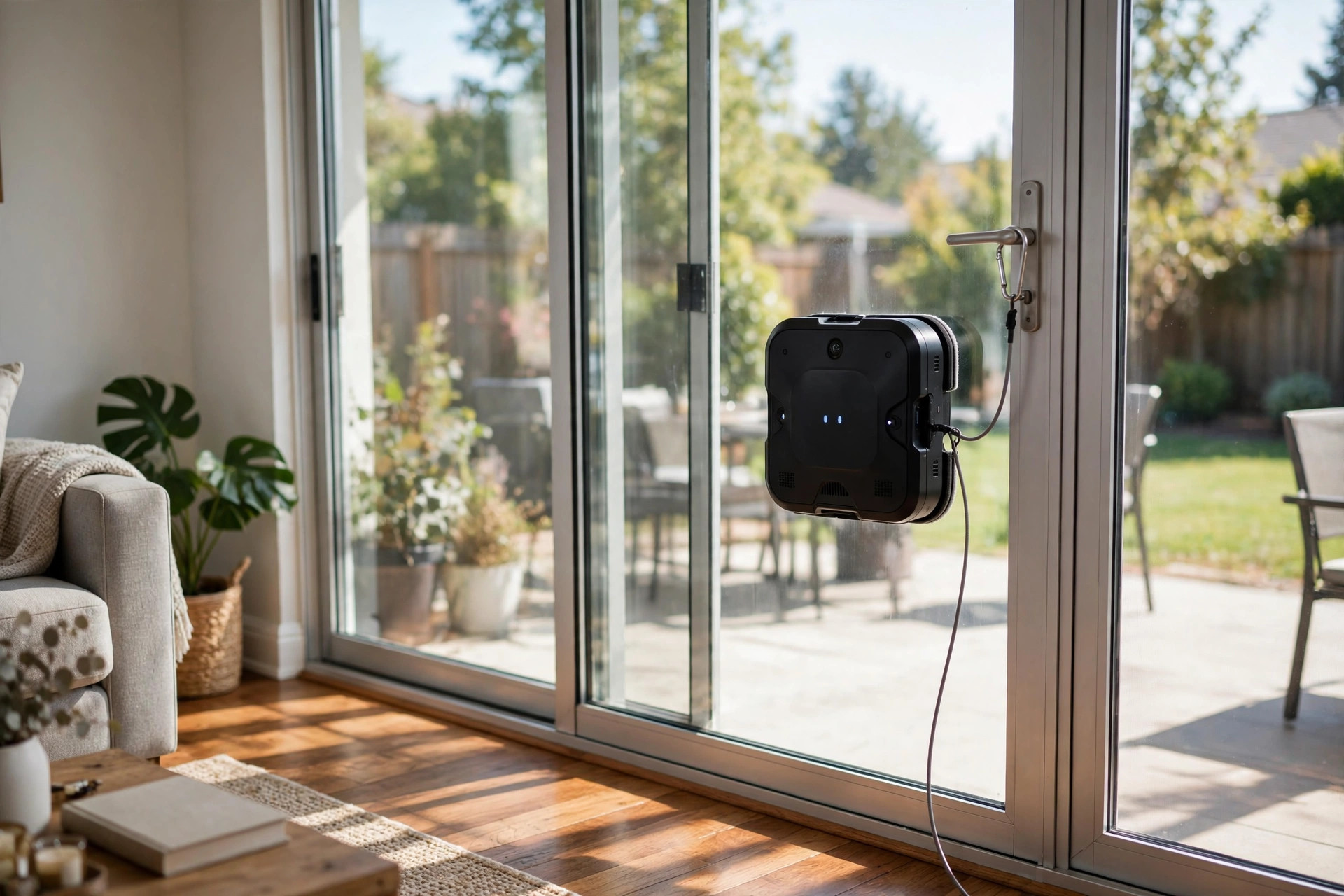 window cleaning robots reviews and buying guide: A window cleaning robot cleaning a glass patio door in a sunny living room