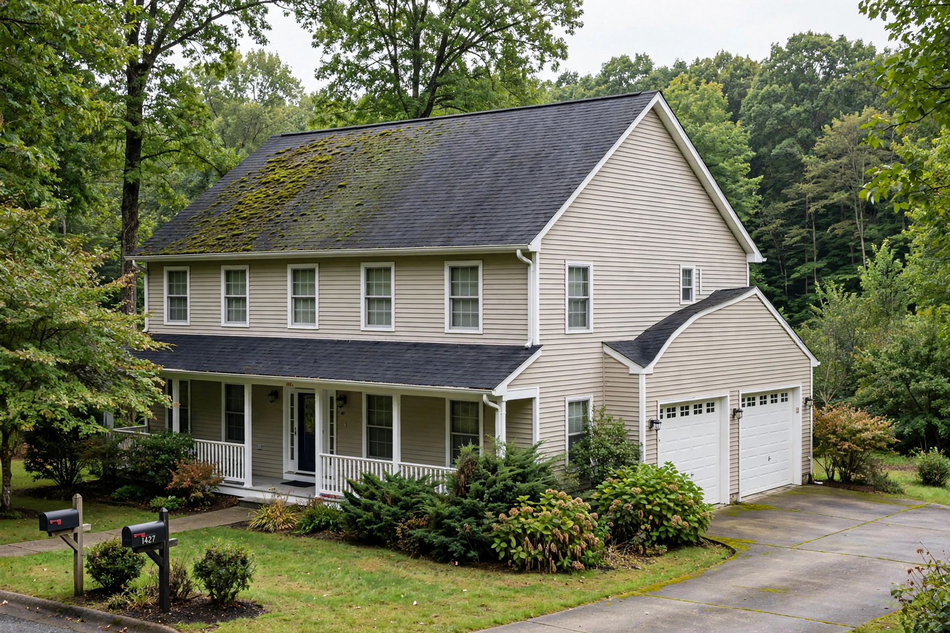 best roof moss removal services near me: Roof moss removal on a shingled home roof