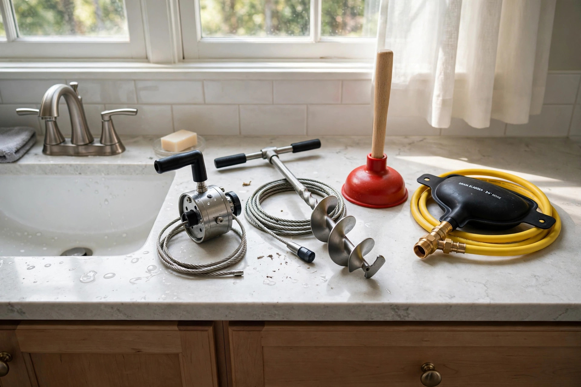 Powerful drain clog remover tools with free shipping laid out by a bathroom sink