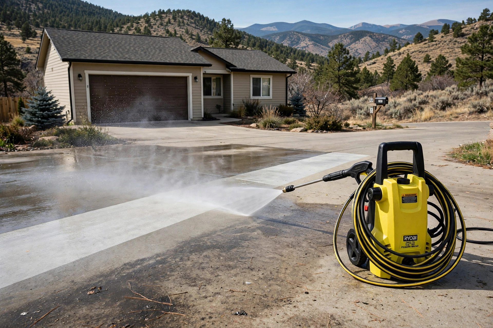 buy pressure washers for driveways online in colorado: A pressure washer cleaning a concrete driveway at a Colorado home