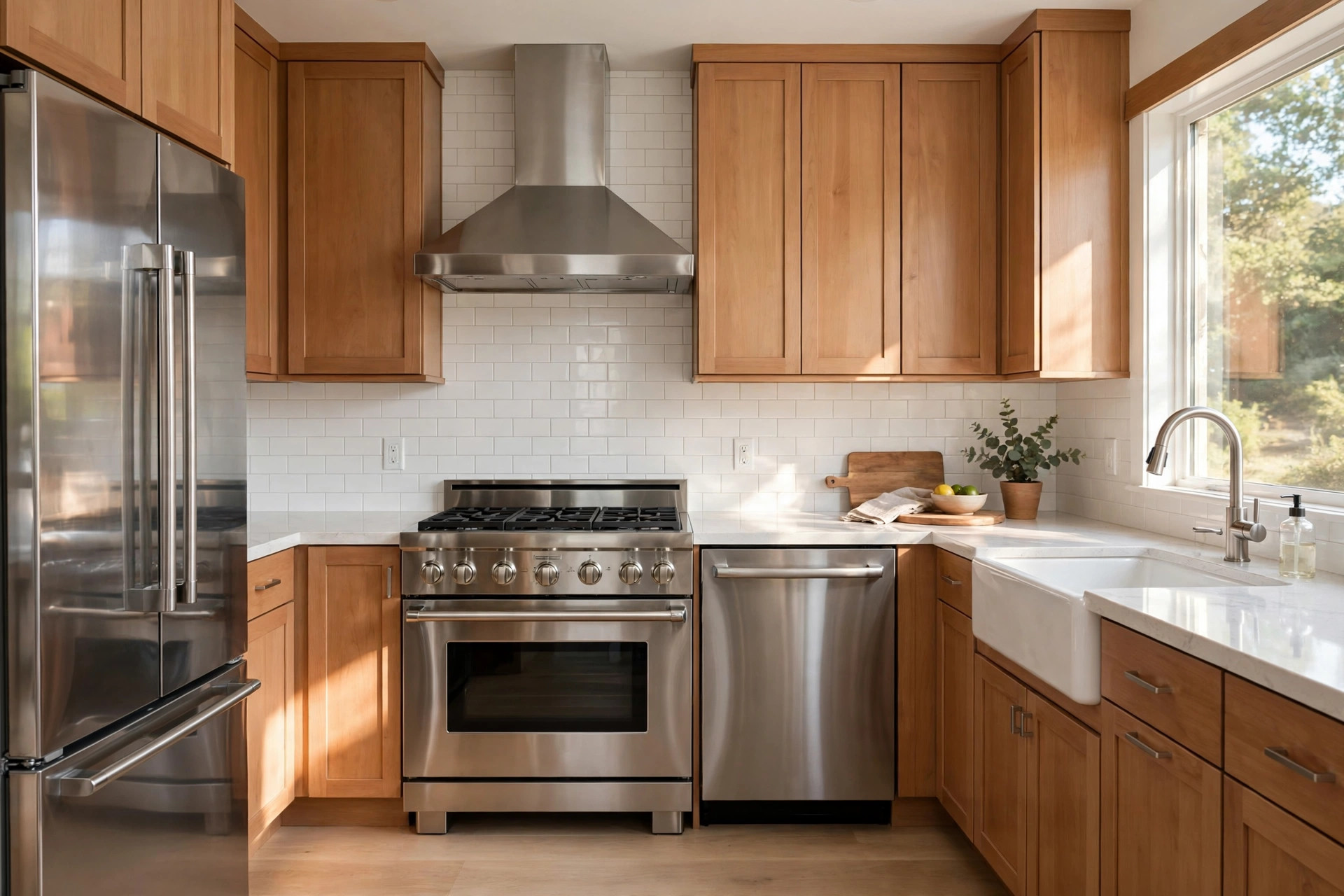 best stainless steel appliance cleaners for texas homes: Polished stainless steel refrigerator and range in a Texas home kitchen