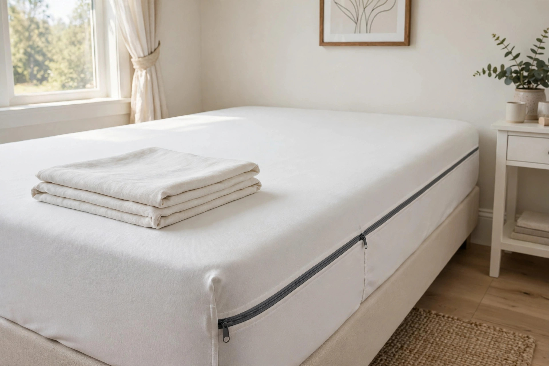 quiet dust mite mattress covers with free shipping: Quiet dust mite mattress cover on a bed in a bright bedroom