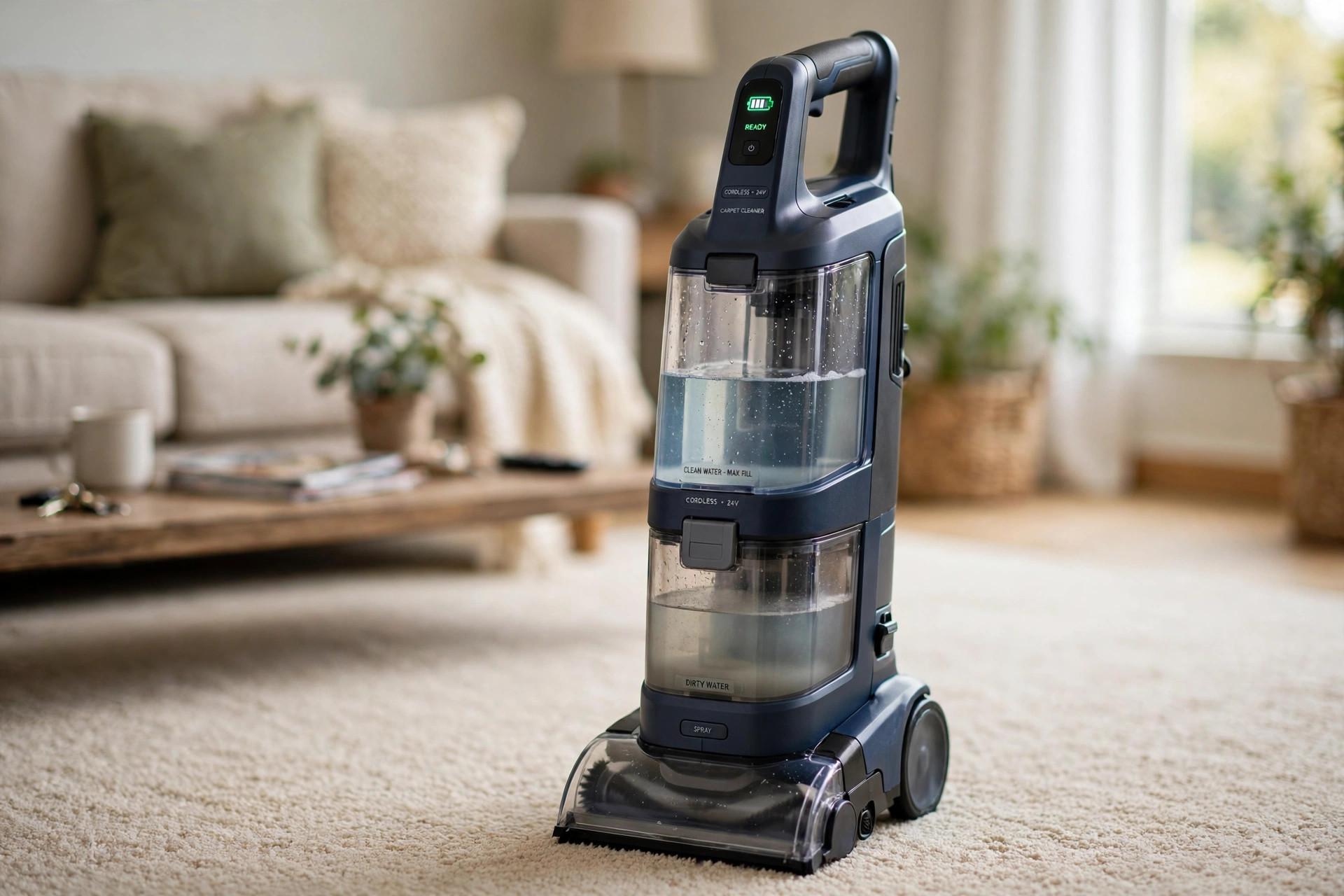 cordless carpet deep cleaning machines with free shipping: A cordless carpet deep cleaning machine standing on a living room carpet