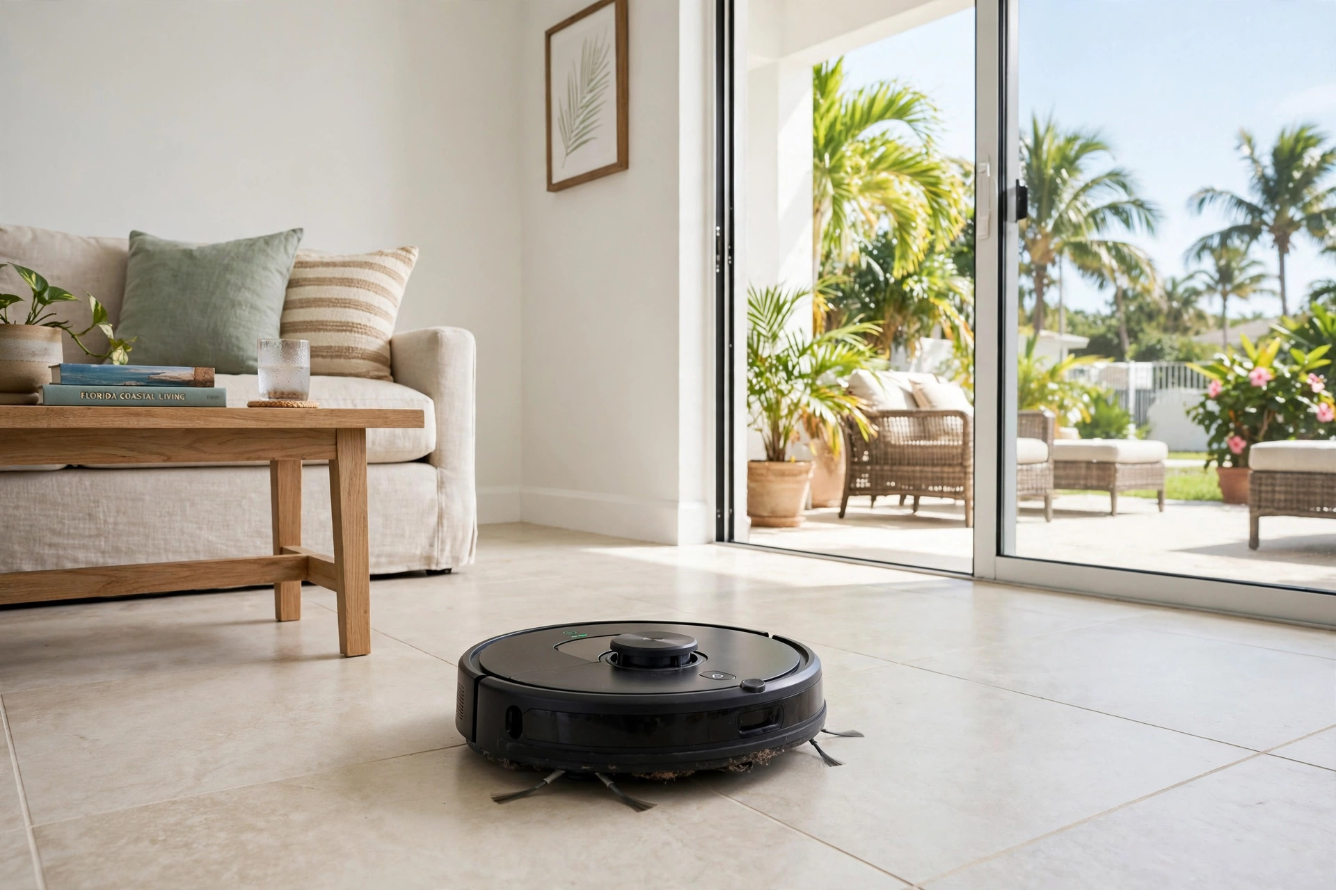 buy robot vacuum cleaners online in florida: Robot vacuum cleaner cleaning a tile floor in a bright Florida home