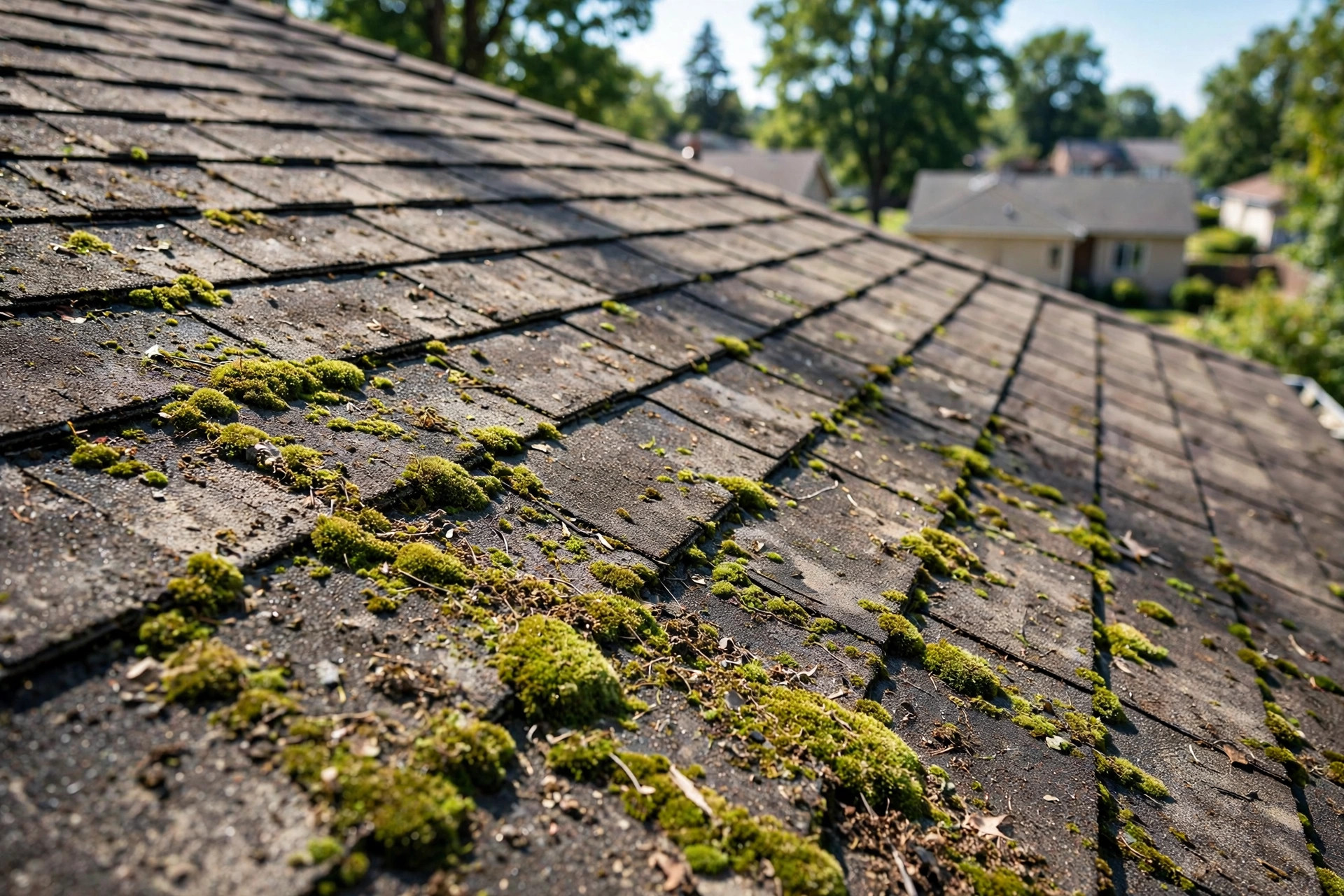 Moss covered roof shingles on an American home, top rated roof moss removal services reviews
