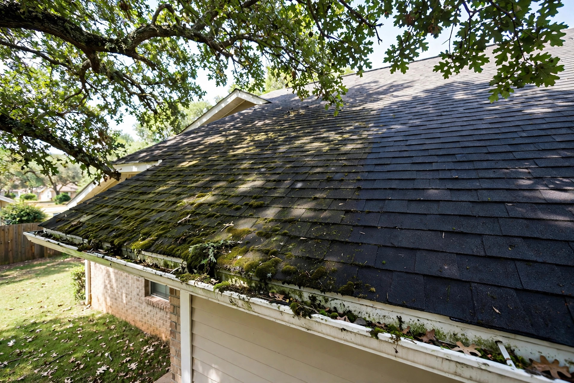 Asphalt shingle roof with green moss patches cleaned by reliable roof moss removal services in texas