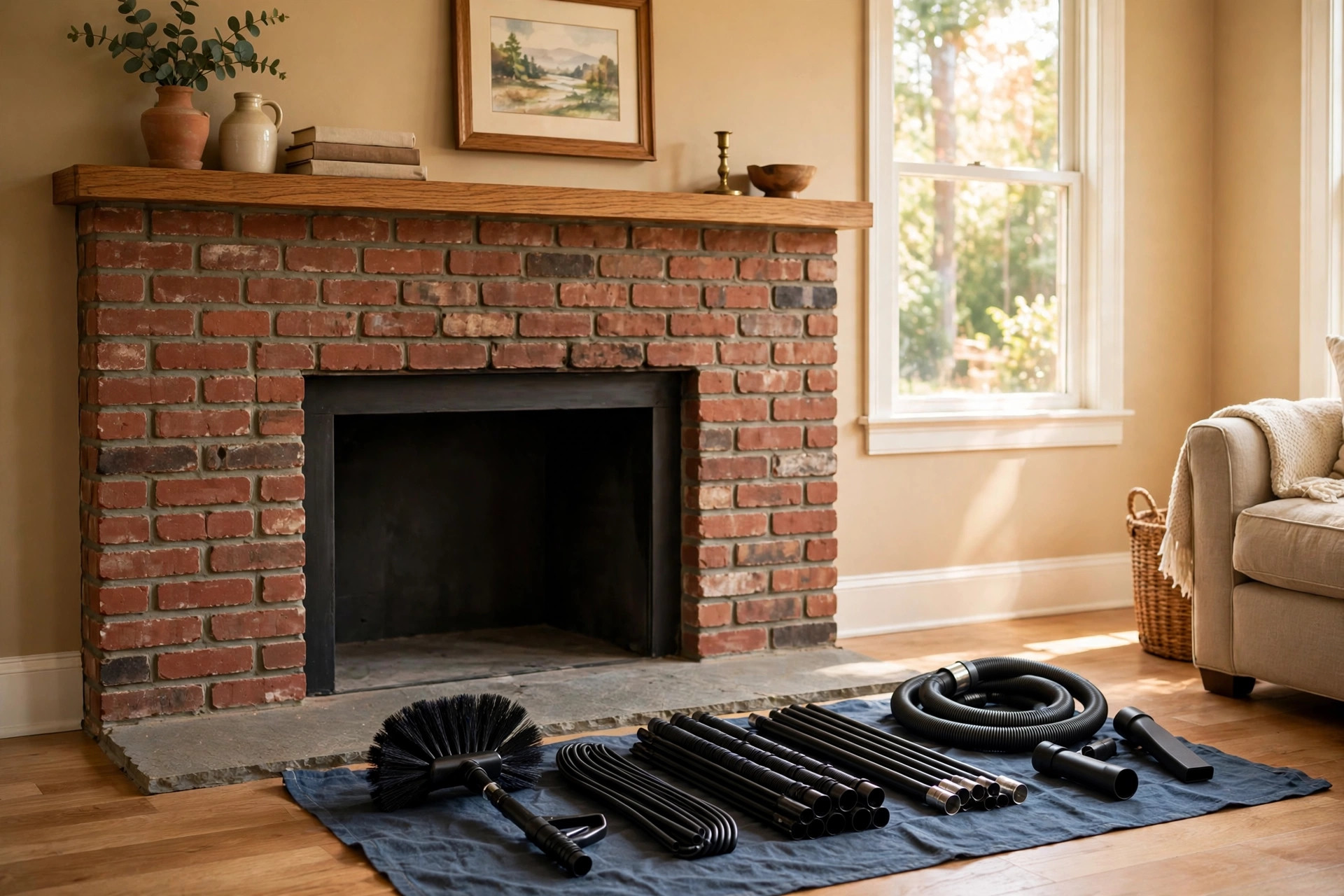 eco friendly chimney sweep services near me: A clean brick fireplace with chimney brush tools set nearby