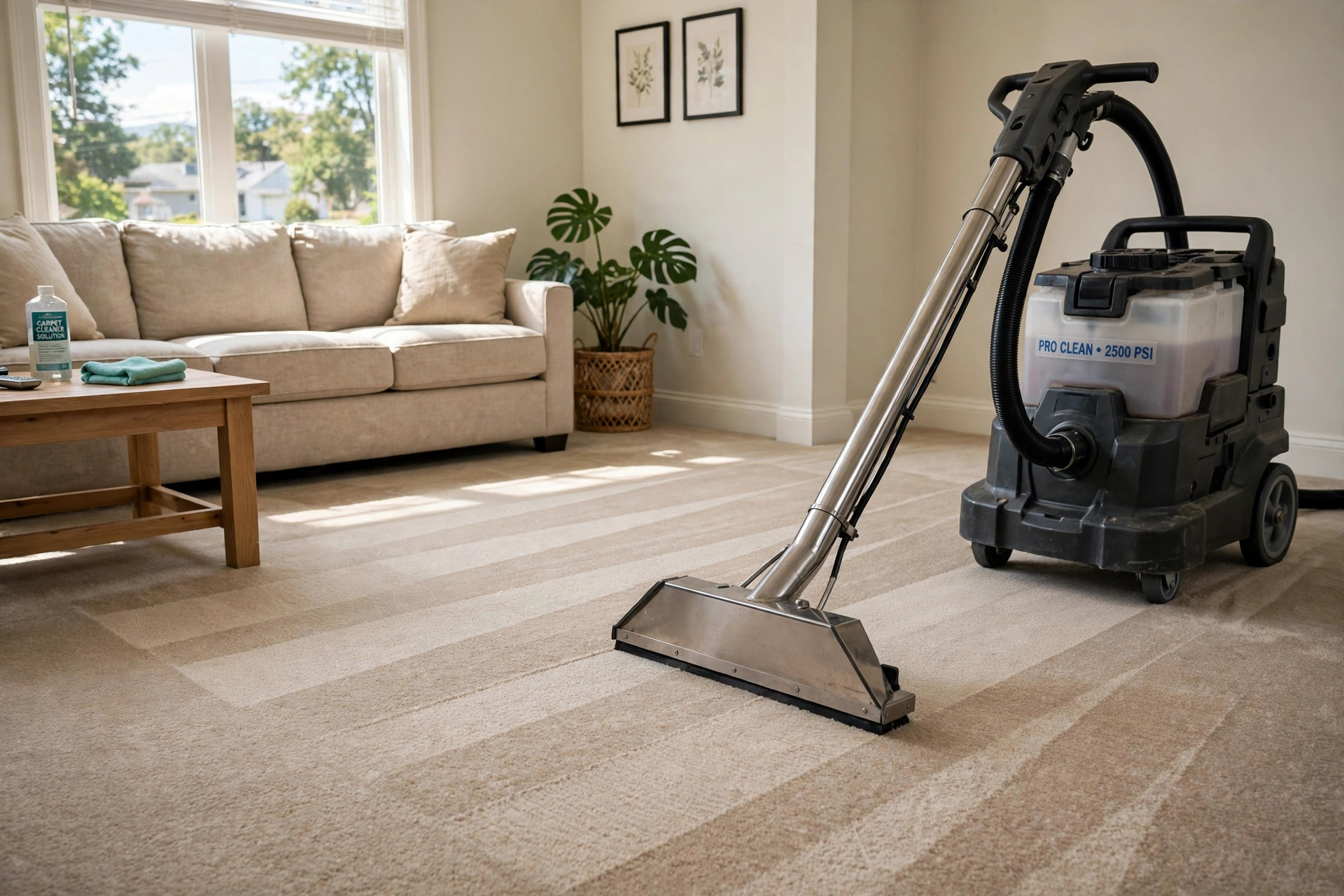 reliable carpet cleaning service companies in texas: Carpet cleaning technician cleaning a living room carpet in a Texas home
