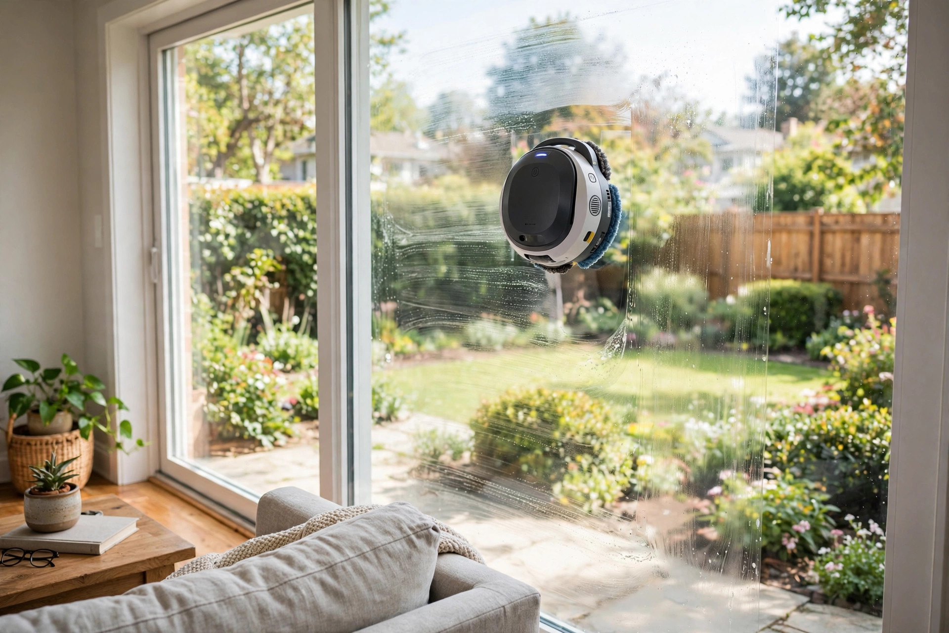 cordless window cleaning robots with free shipping: Cordless window cleaning robot moving across a large home window