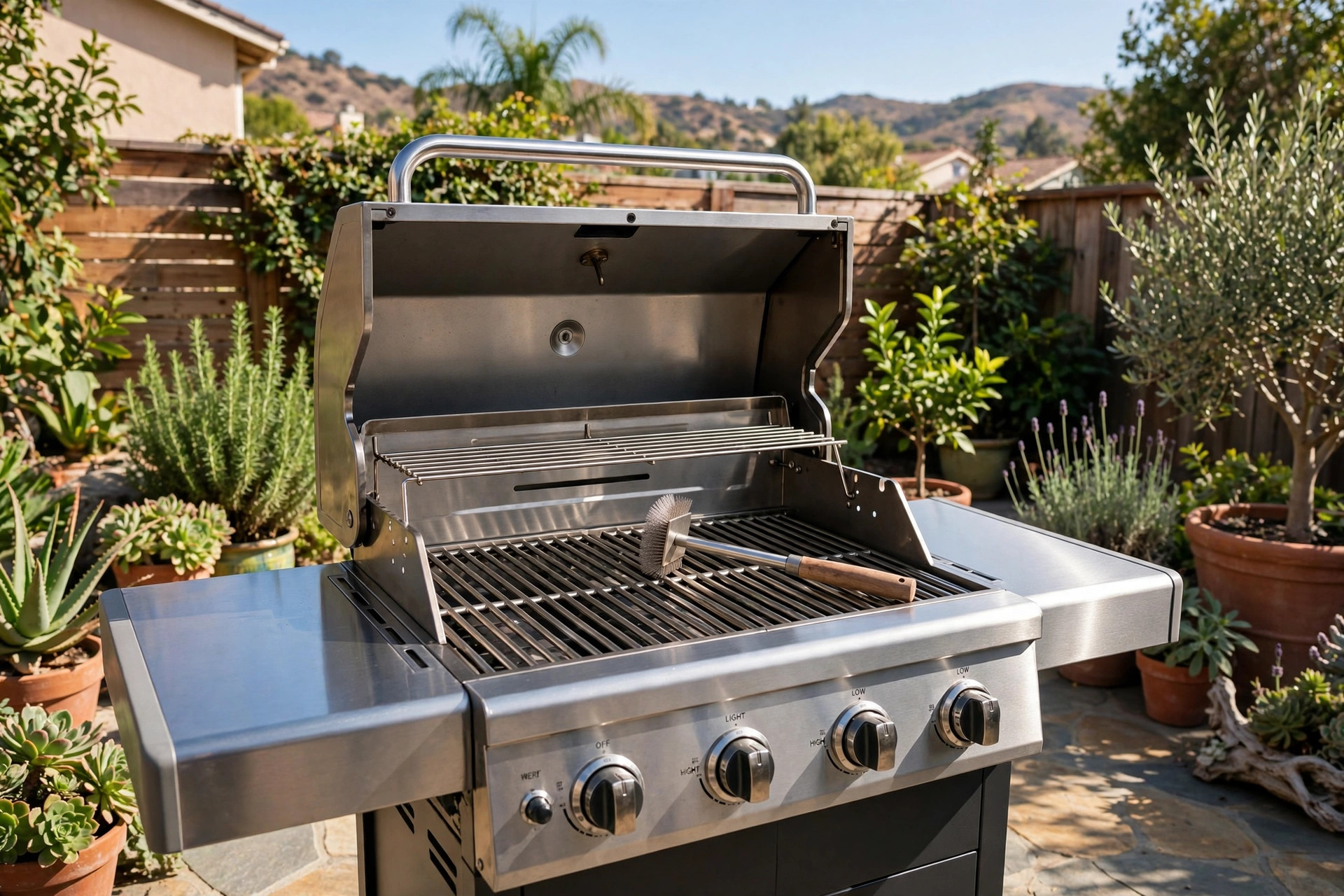 buy grill cleaning brushes online in california: Grill cleaning brush resting on clean grates of a backyard gas grill