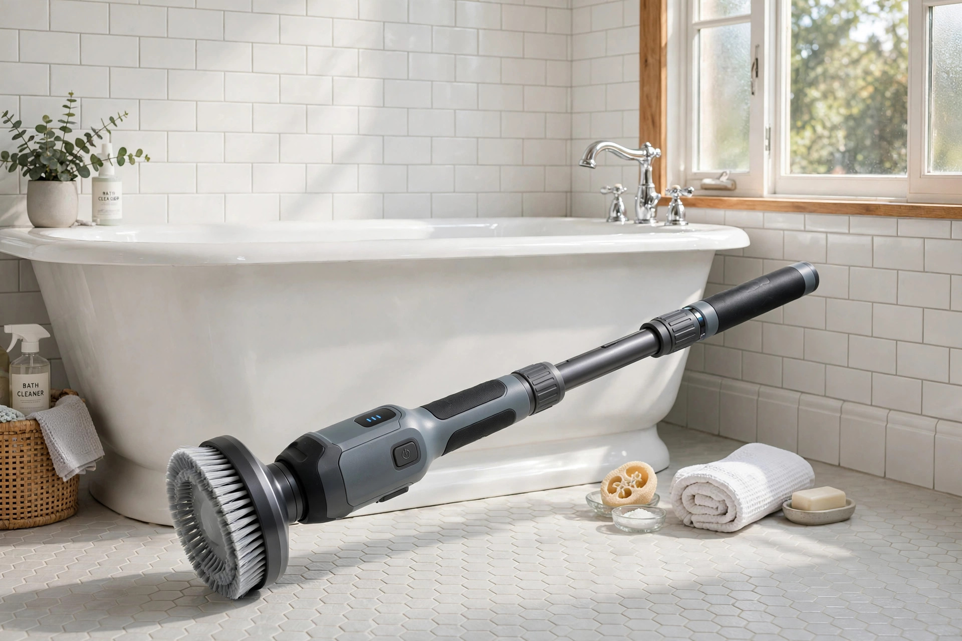 best cordless electric scrubbers for midwest homes: A cordless electric scrubber resting beside a clean bathroom tub in a bright home