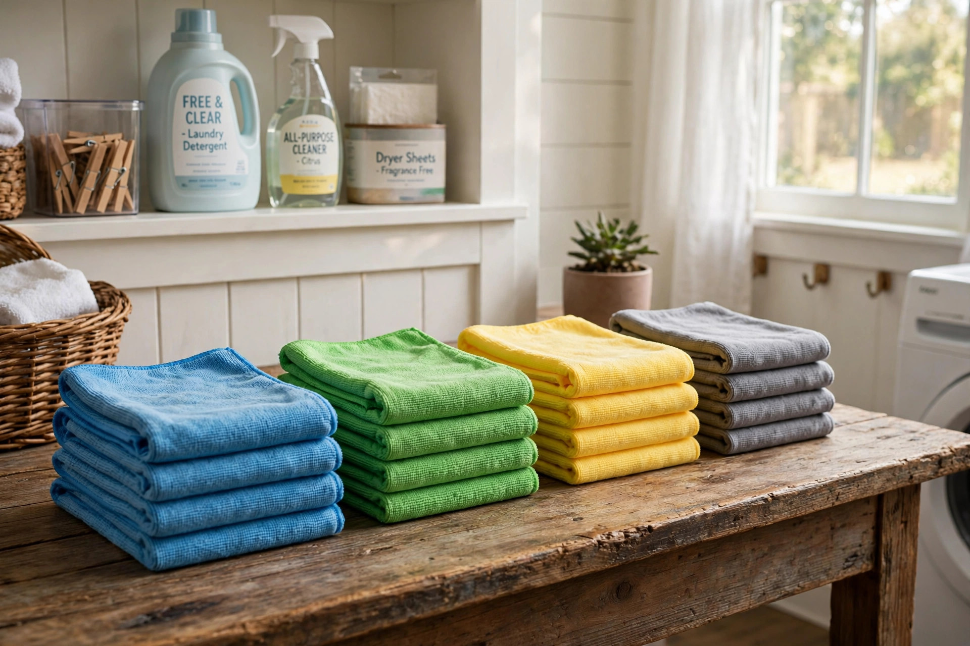 buy microfiber cleaning cloth sets online in colorado: Folded microfiber cleaning cloth sets stacked on a wooden table in a Colorado home