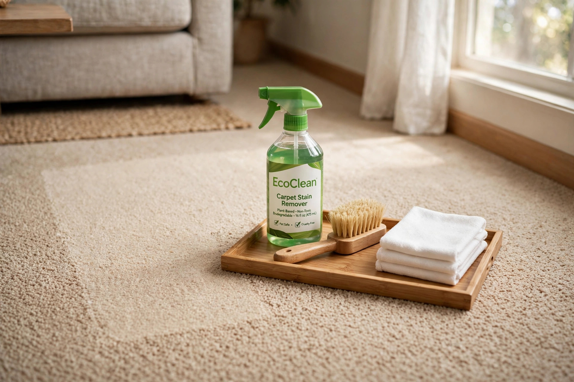 eco friendly carpet stain remover kits for sale: Eco friendly carpet stain remover kit beside a cleaned carpet stain in a living room