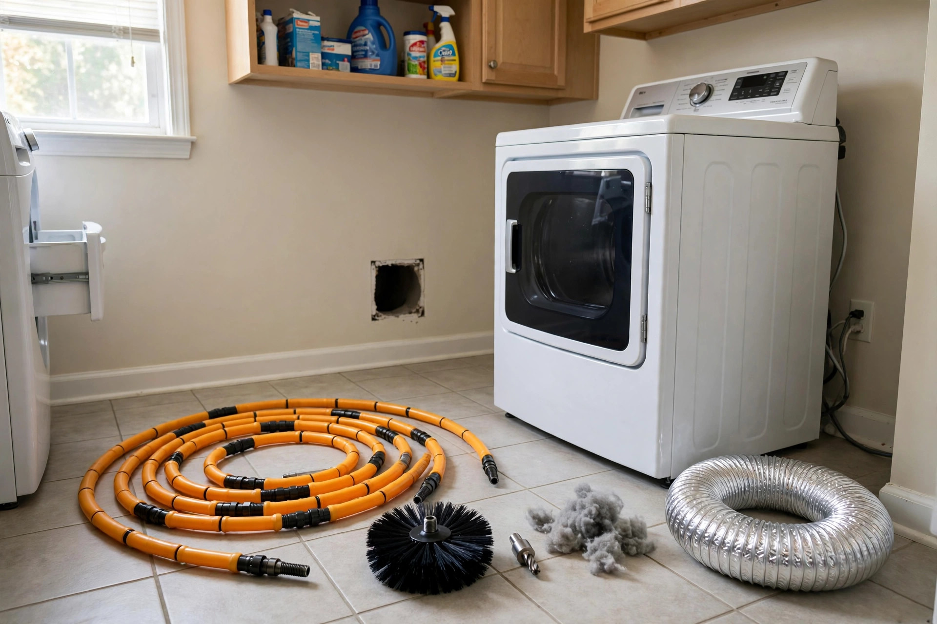 dryer vent cleaning kits price comparison usa: Dryer vent cleaning kit brushes and rods beside a dryer in an American laundry room