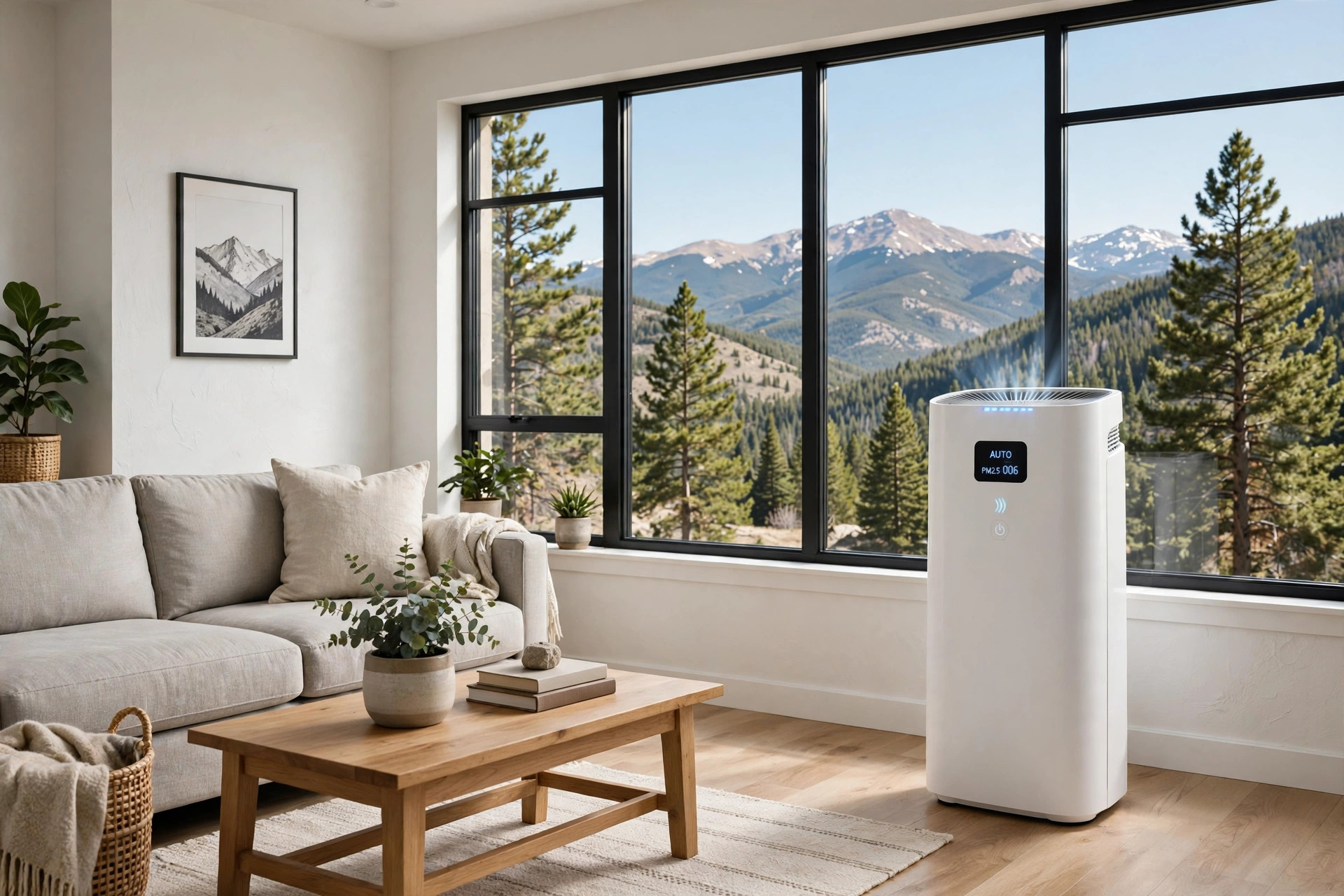 buy air purifiers for allergies online in colorado: Air purifier cleaning the air in a Colorado living room for allergies