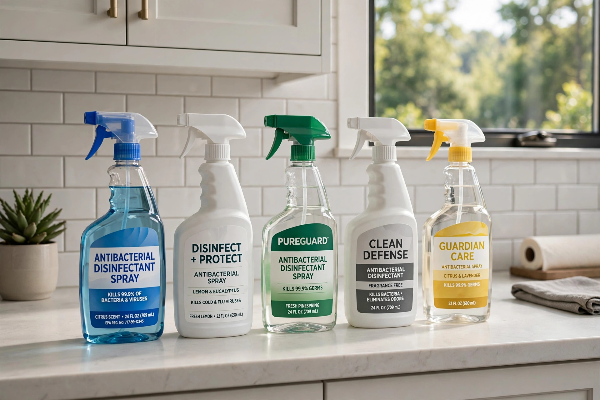 Buy antibacterial disinfectant sprays online in arizona: bottles lined up on a kitchen counter
