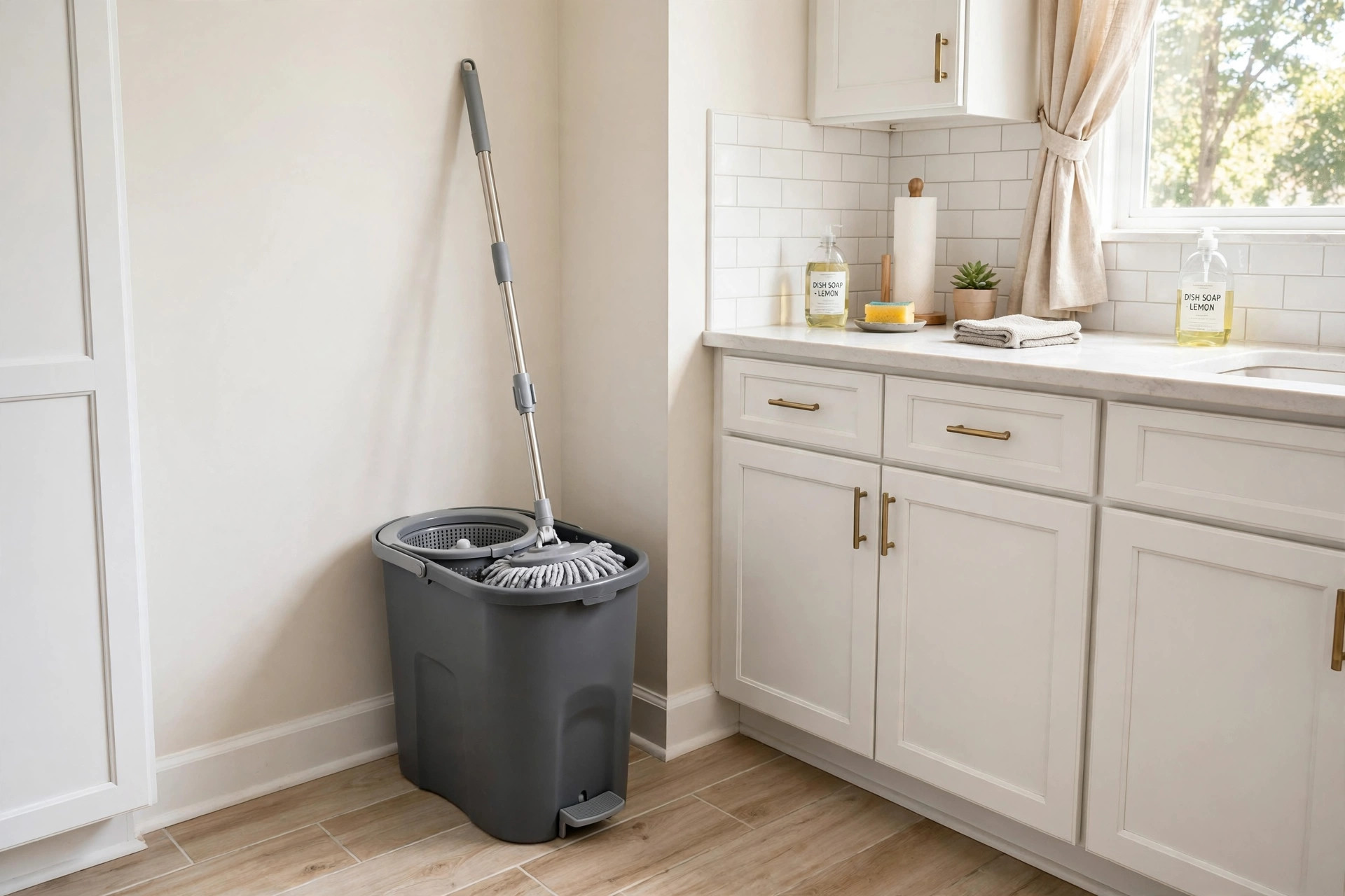 reliable spin mop bucket systems with free shipping: A reliable spin mop bucket system with free shipping in a real American kitchen
